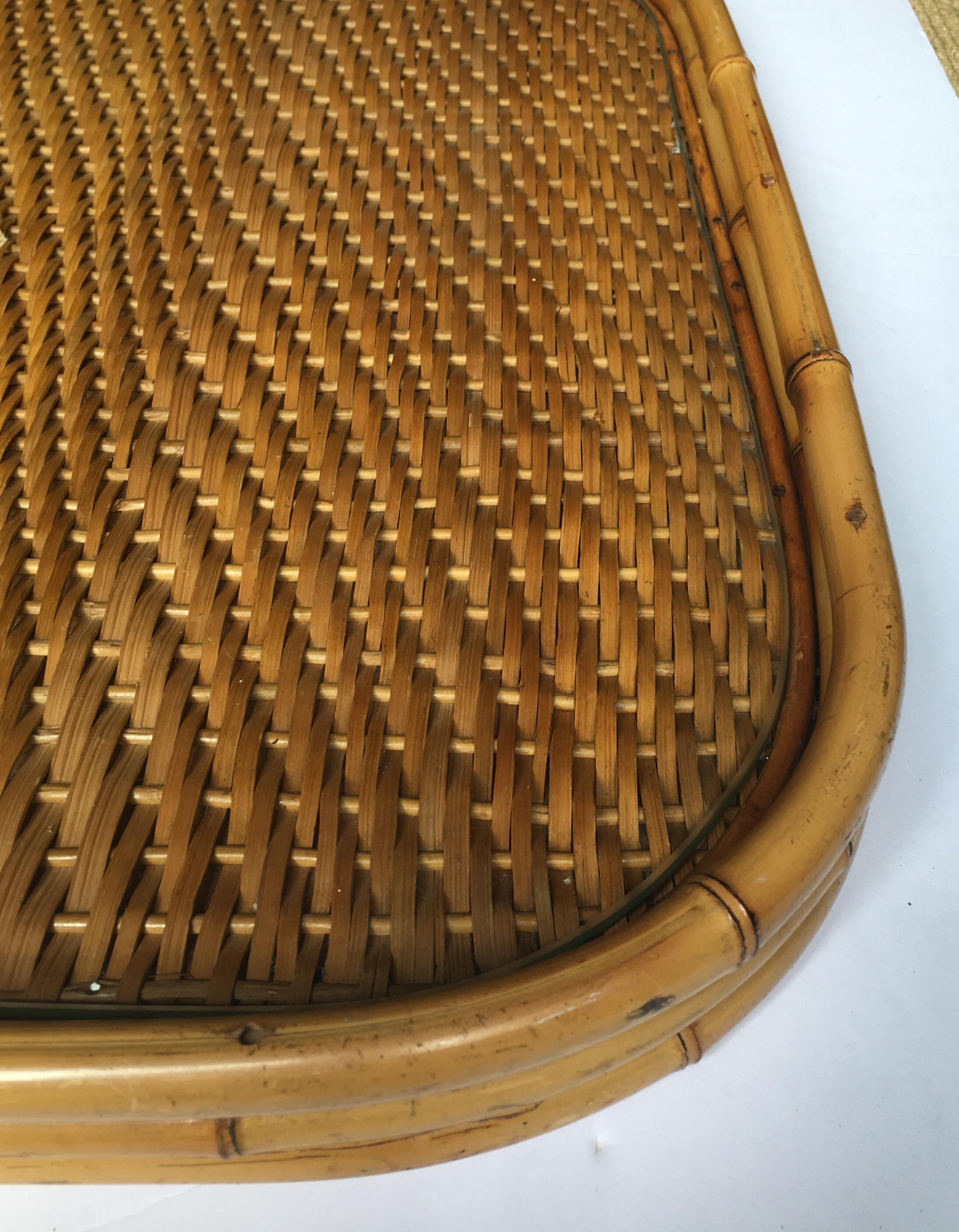 Mid-Century Modern Midcentury Bamboo Wicker Rattan Bar Tray in the Style of Gabriella Crespi