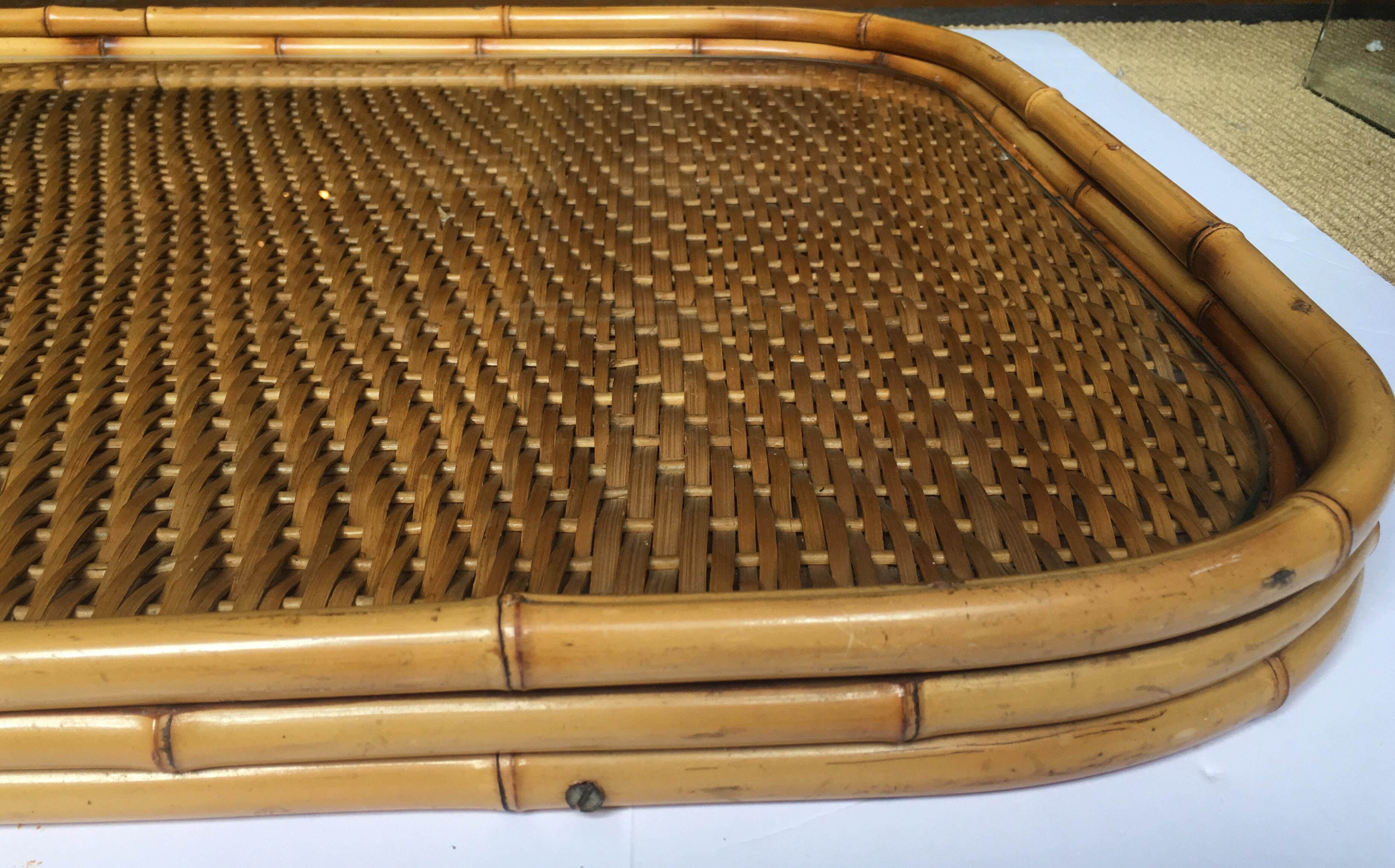 Midcentury Bamboo Wicker Rattan Bar Tray in the Style of Gabriella Crespi In Good Condition In Lambertville, NJ