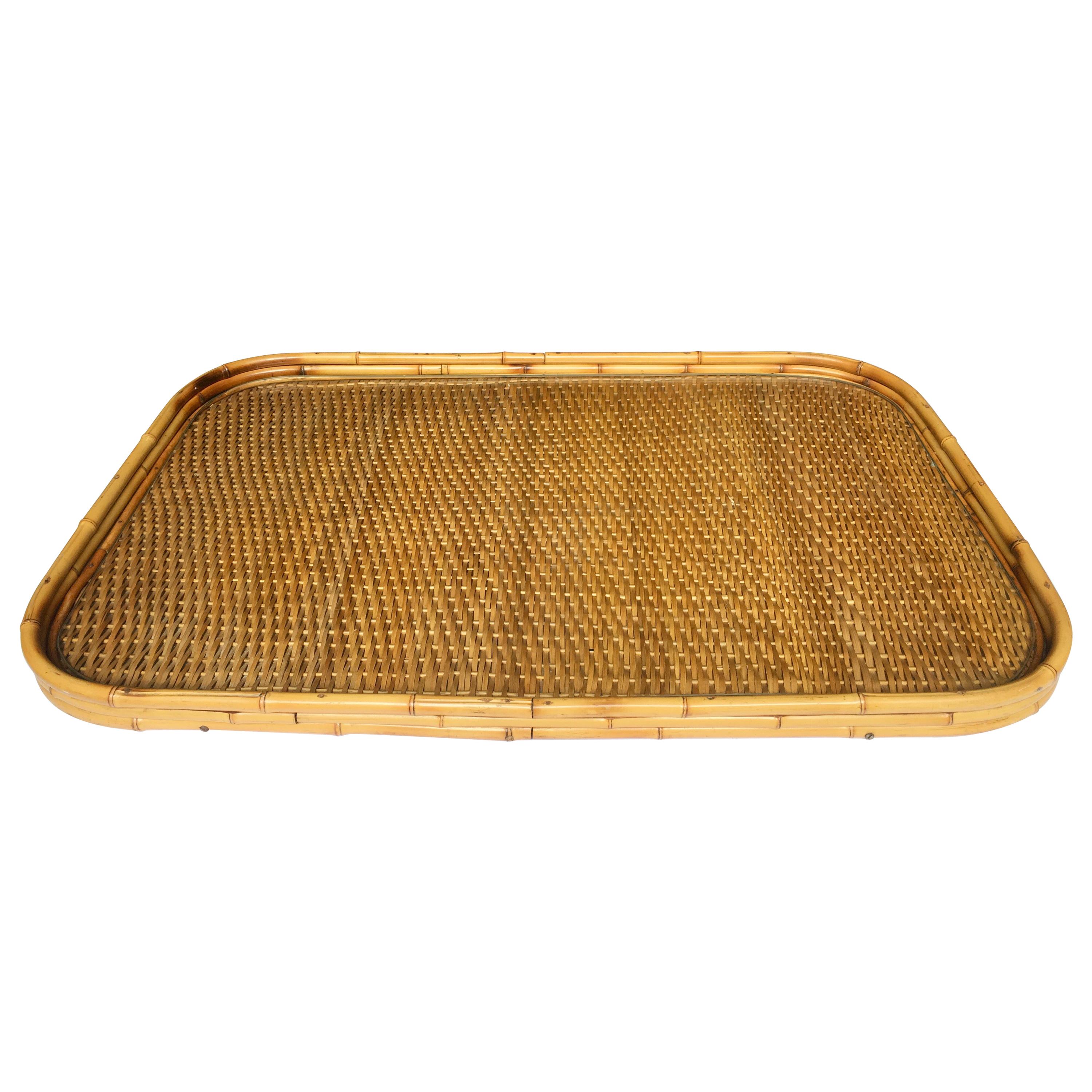 Midcentury Bamboo Wicker Rattan Bar Tray in the Style of Gabriella Crespi