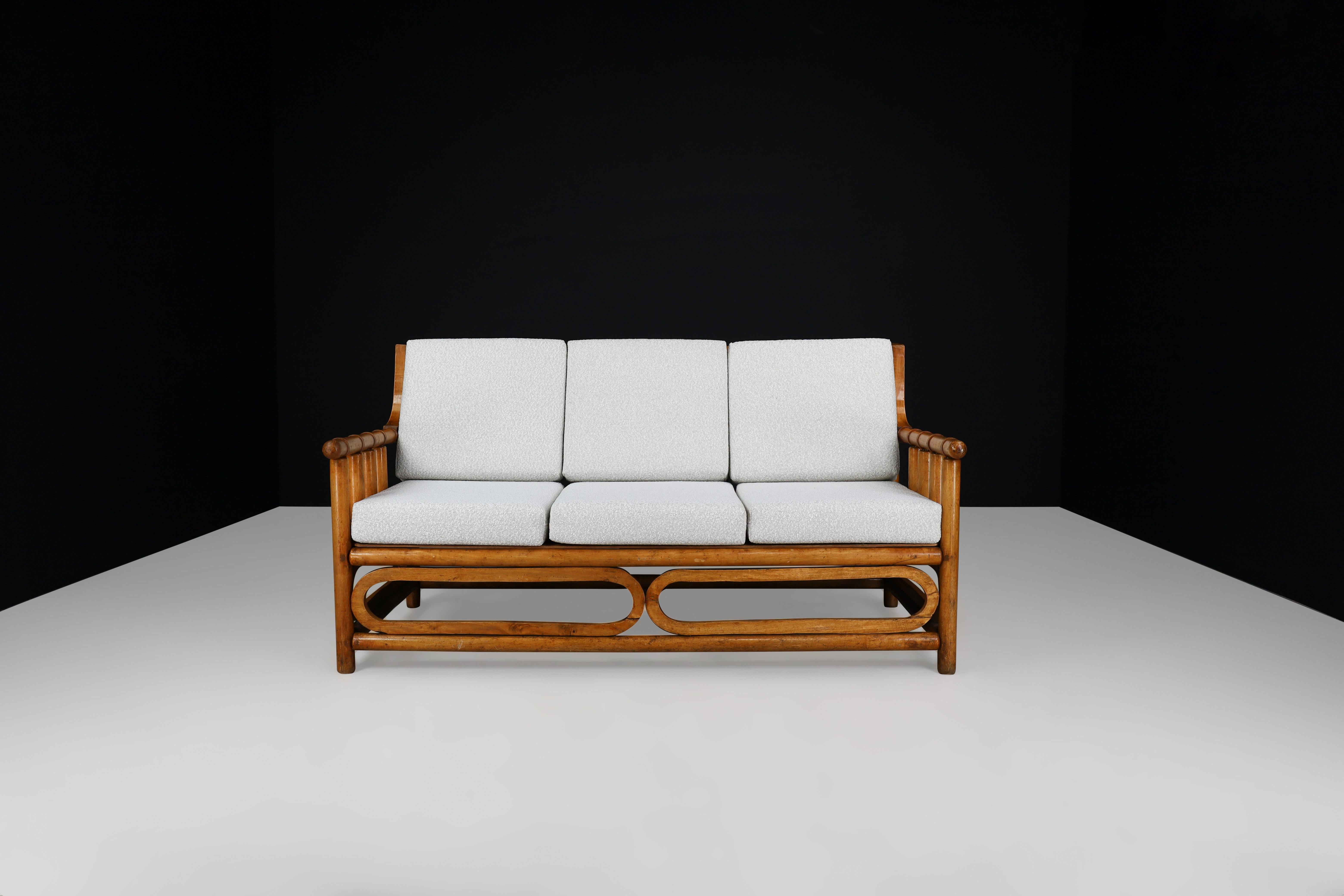 Mid-Century Modern Midcentury Bamboo Wood and Bouclé Upholstery Sofa, France, 1950s  For Sale