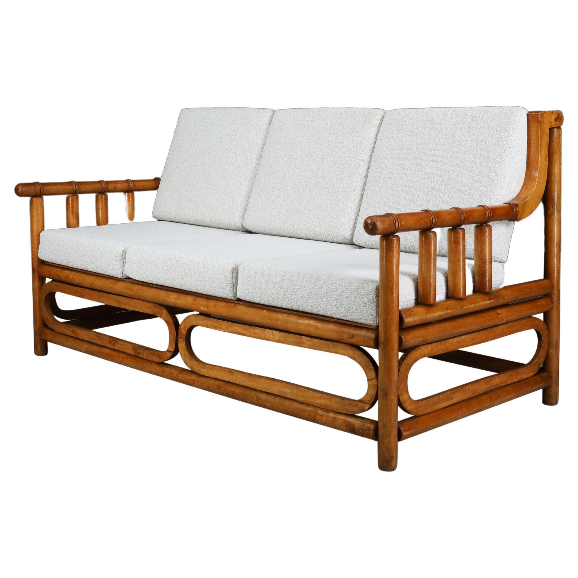 Midcentury Bamboo Wood and Bouclé Upholstery Sofa, France, 1950s  For Sale