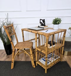 Mid-Century Bamboo, Wood and Rattan Writing Table Desk with Chair, Italy 1970s