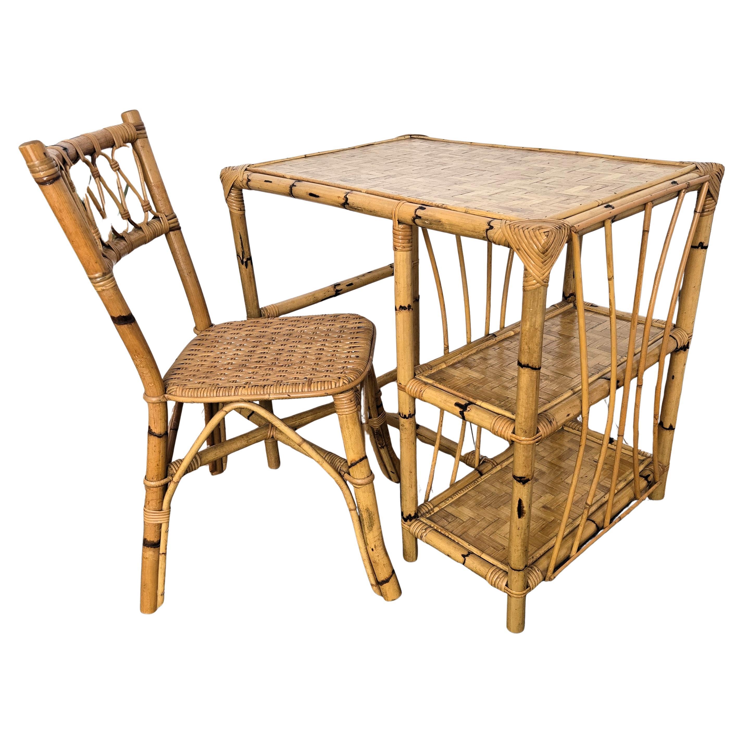 Table à écrire et chaise en bambou, bois et rotin du milieu du siècle, Italie, années 1970