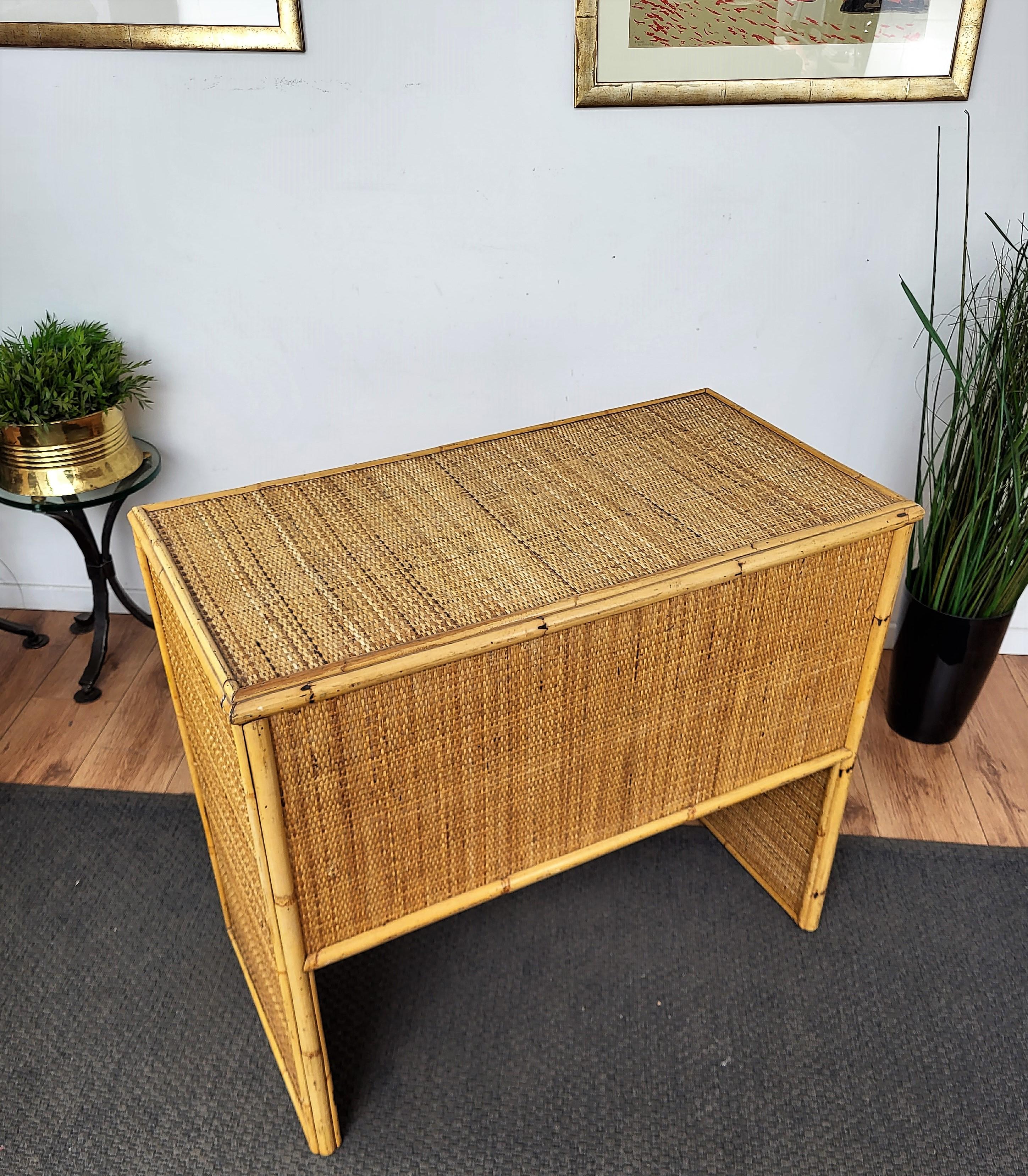 French Provincial Mid-Century Bamboo, Wood and Rattan Writing Table Desk with Drawers, Italy 1970s For Sale