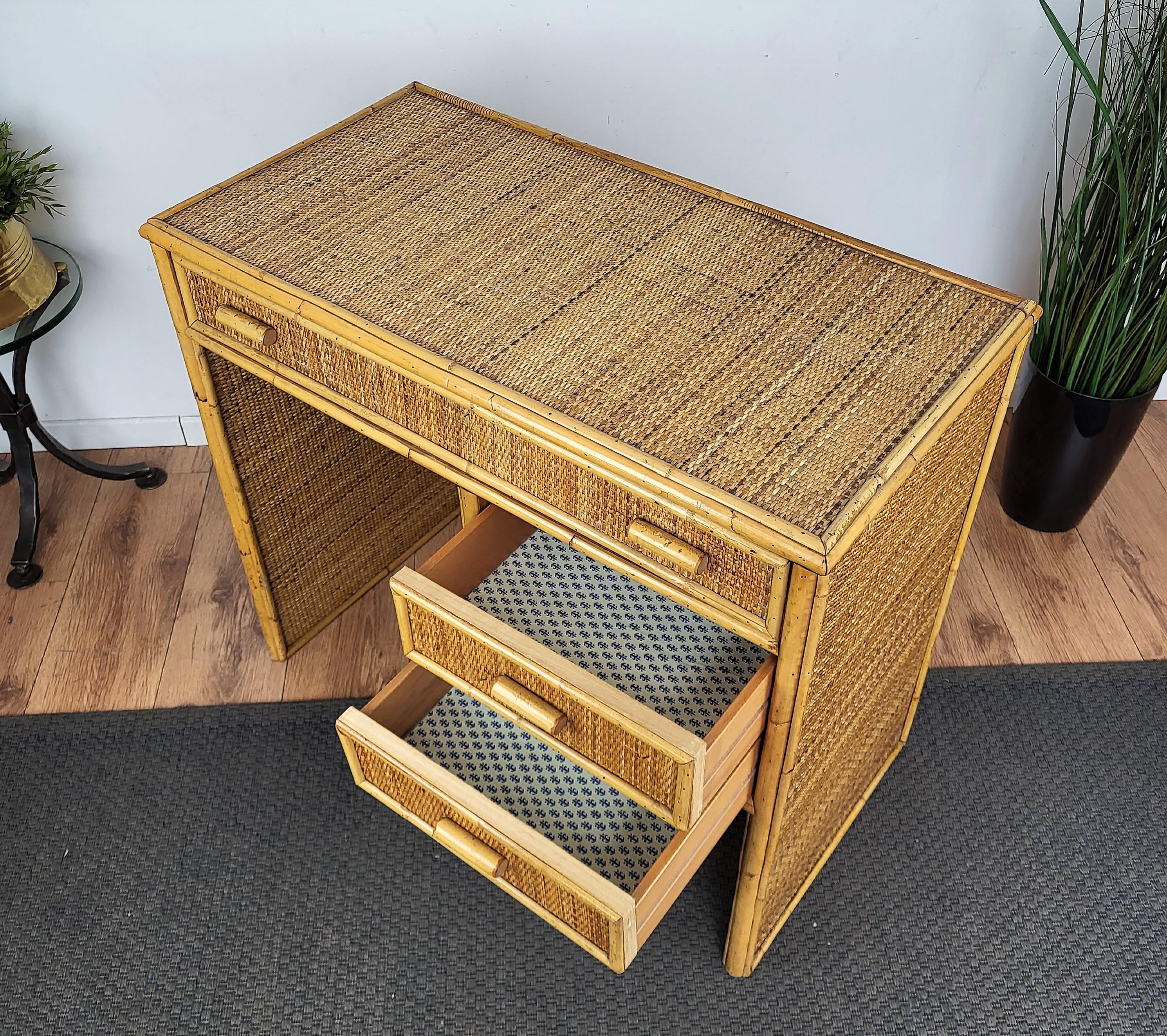 Italian Mid-Century Bamboo, Wood and Rattan Writing Table Desk with Drawers, Italy 1970s For Sale