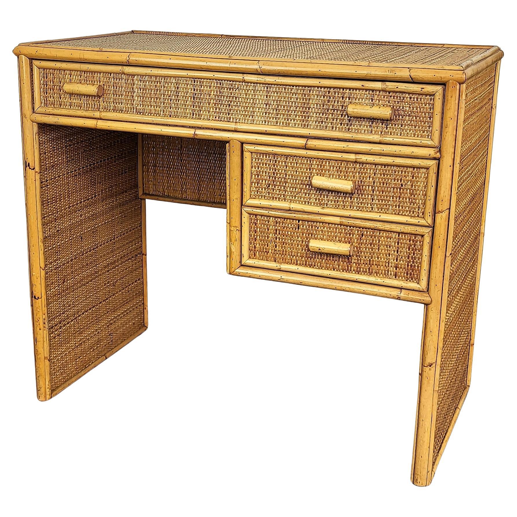 Mid-Century Bamboo, Wood and Rattan Writing Table Desk with Drawers, Italy 1970s