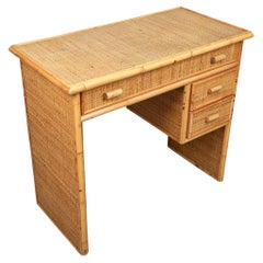 Mid-Century Bamboo, Wood and Rattan Writing Table Desk with Drawers, Italy 1970s