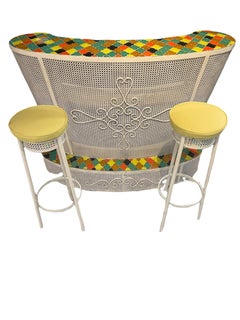 Mid Century Bar and Stools Wrought Iron and Ceramic Tiles