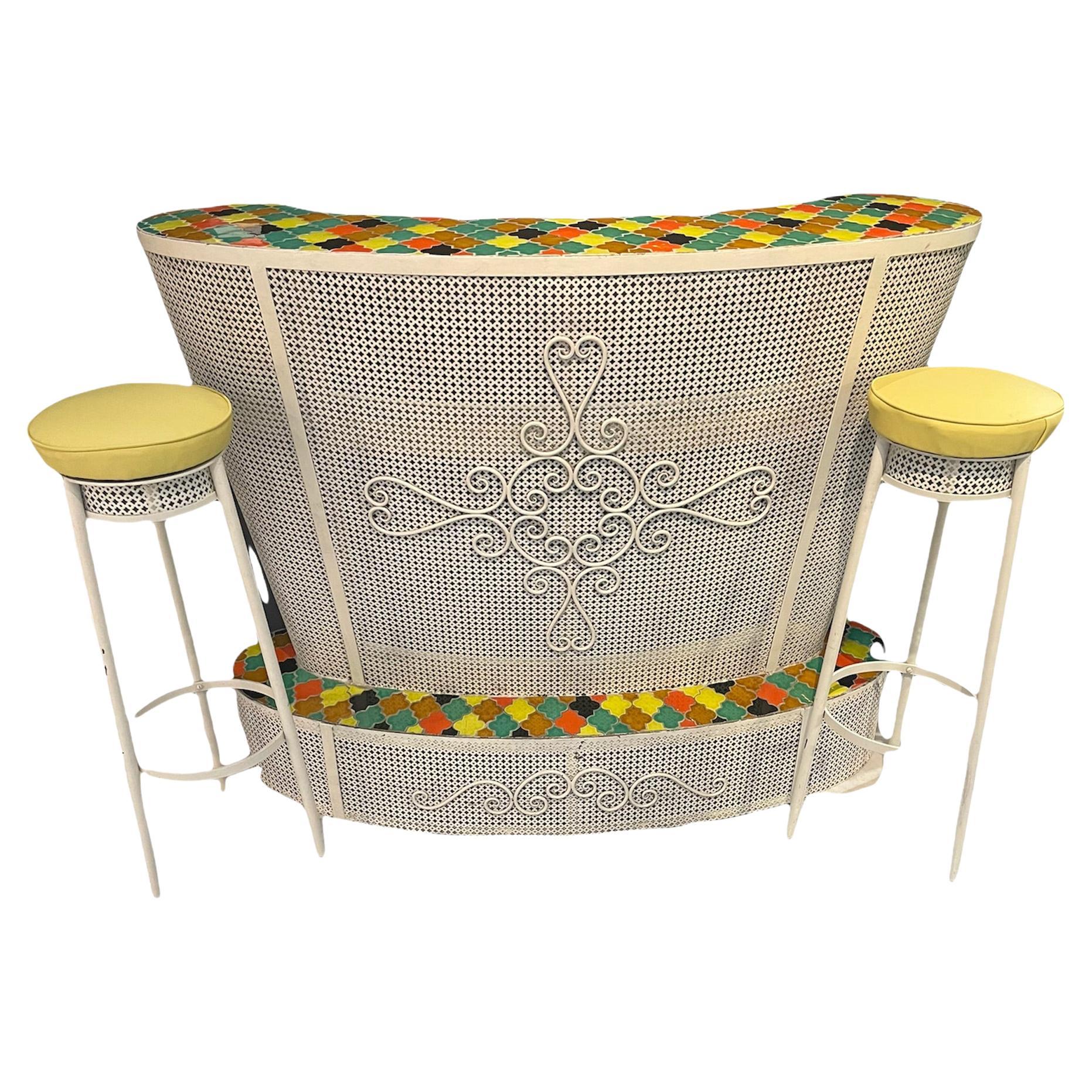 Mid Century Bar and Stools Wrought Iron and Ceramic Tiles For Sale