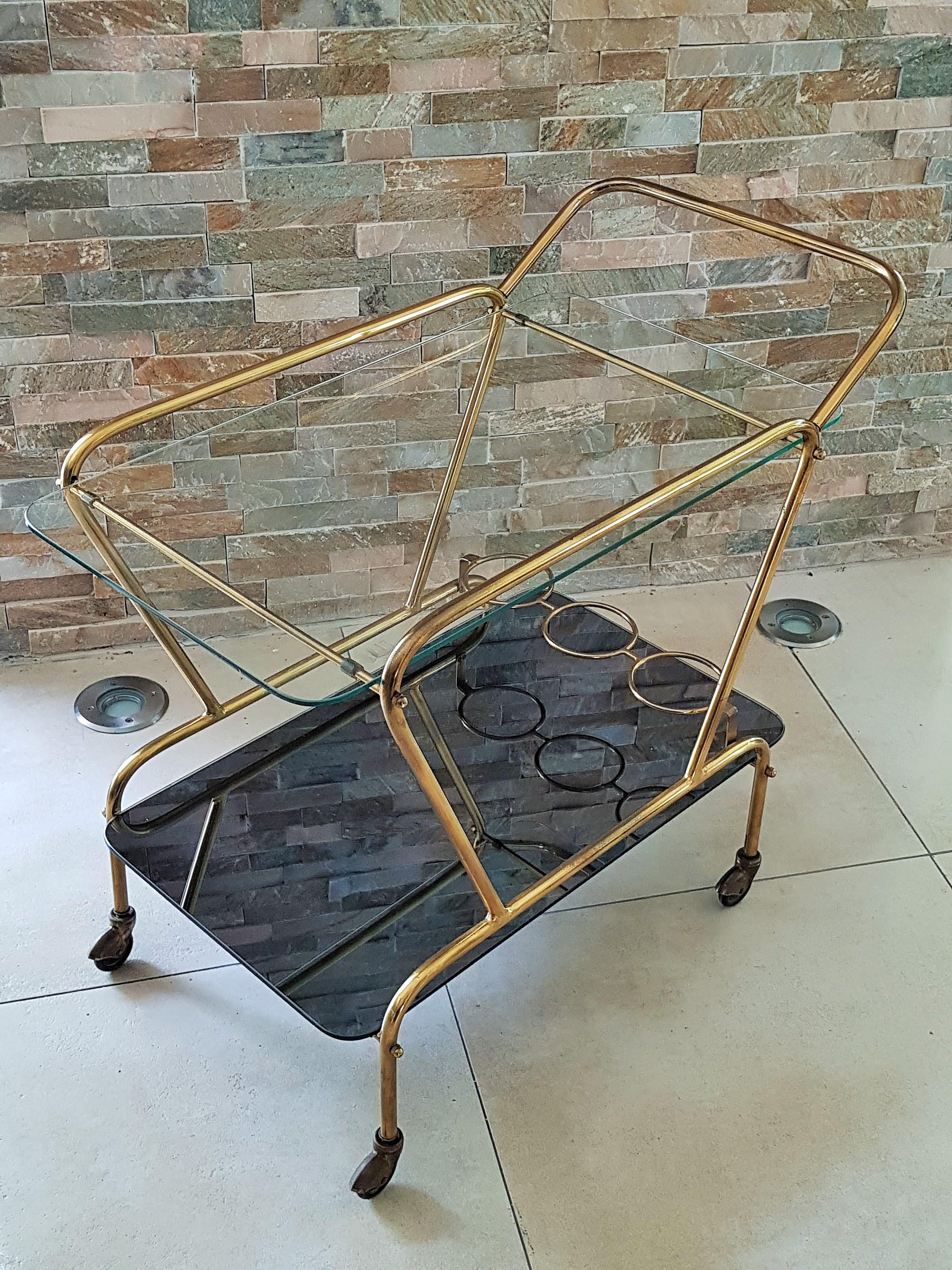 Mid-Century Modern Midcentury Bar Cart Brass and Mirror by Lacca, Italy, 1950s