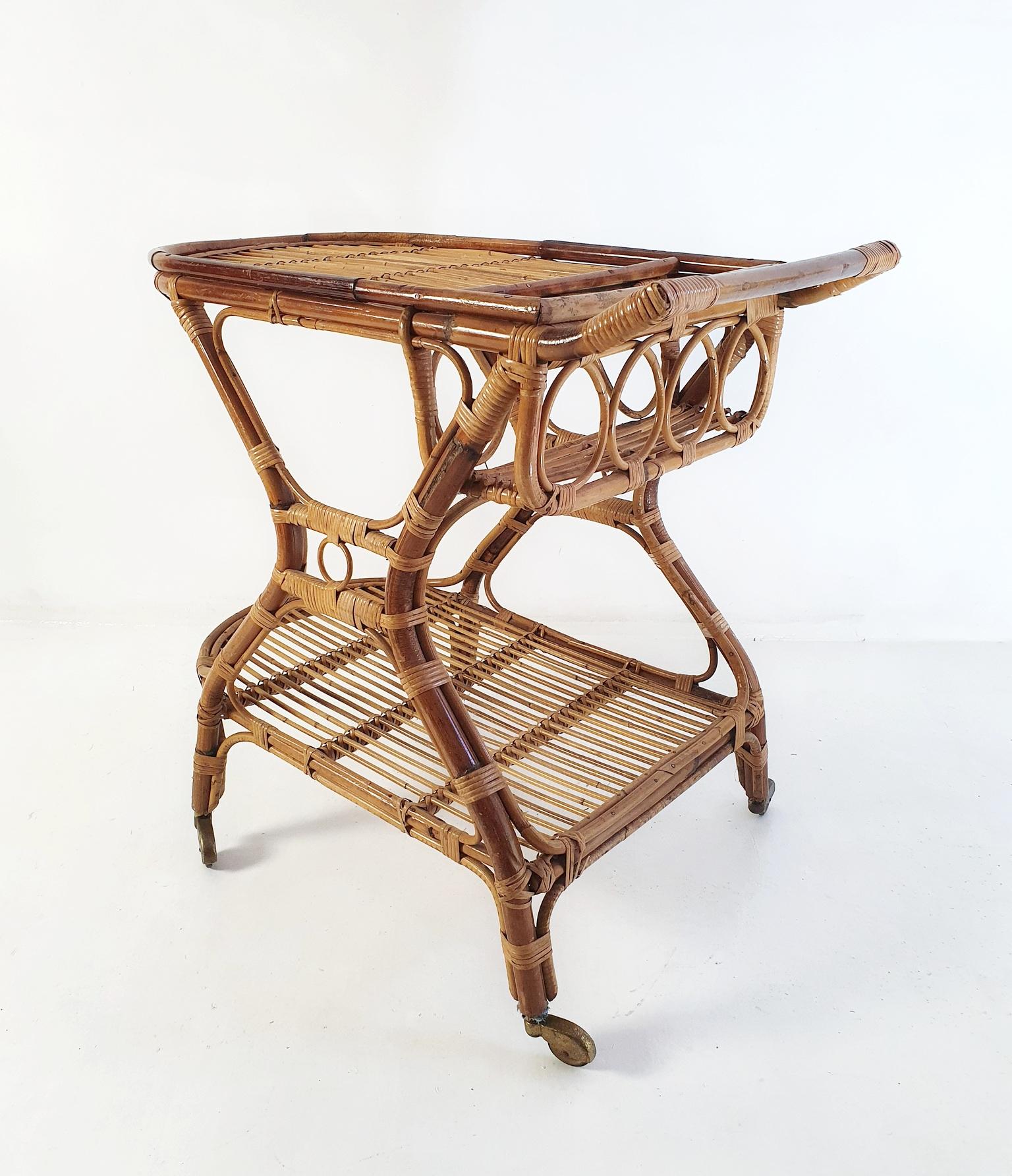 Mid-Century Modern Mid Century Bar Cart in Bamboo and Rattan, Italy, 1950's For Sale