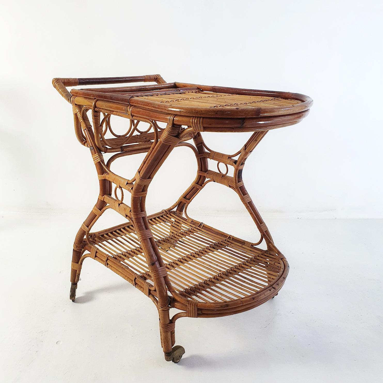 Mid Century Bar Cart in Bamboo and Rattan, Italy, 1950's For Sale 2