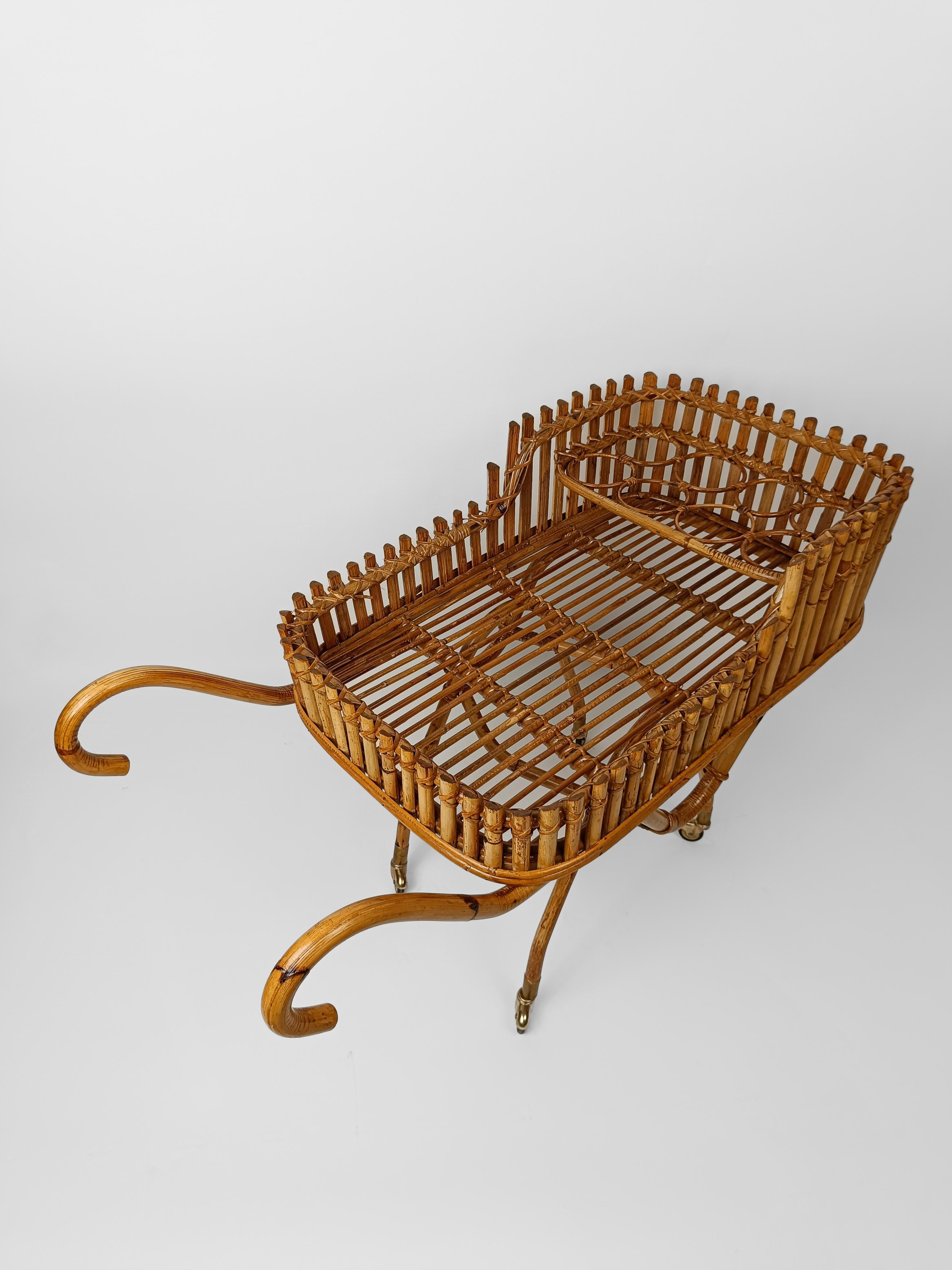 Carrello da bar di metà secolo in stile Riviera, Hand Made in canna di bambù e rattan 1960 in vendita 8
