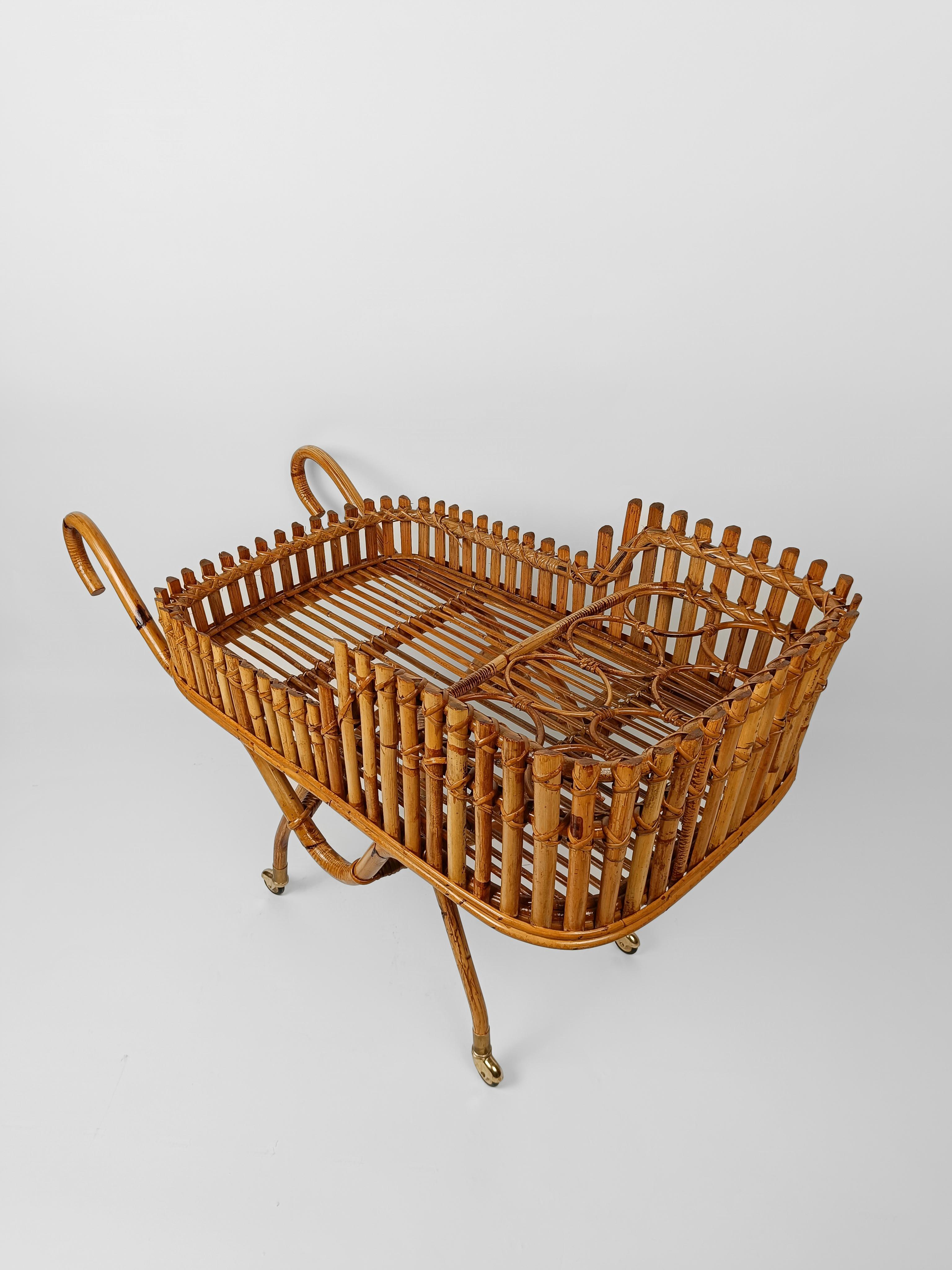 20th Century Mid Century Bar Cart in Riviera Style, Hand Made in Bamboo Cane and Rattan 1960s For Sale