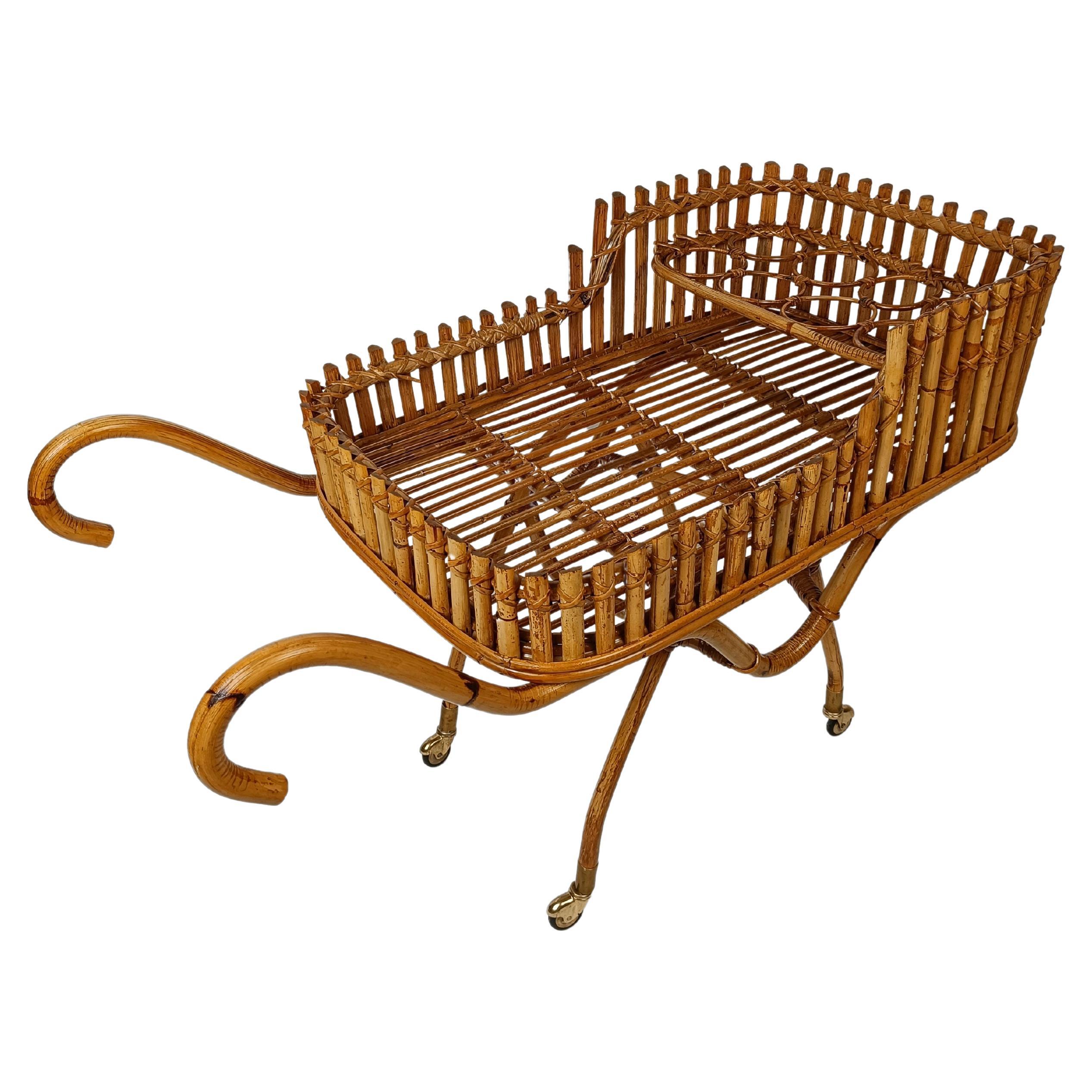 Carrello da bar di metà secolo in stile Riviera, Hand Made in canna di bambù e rattan 1960 in vendita