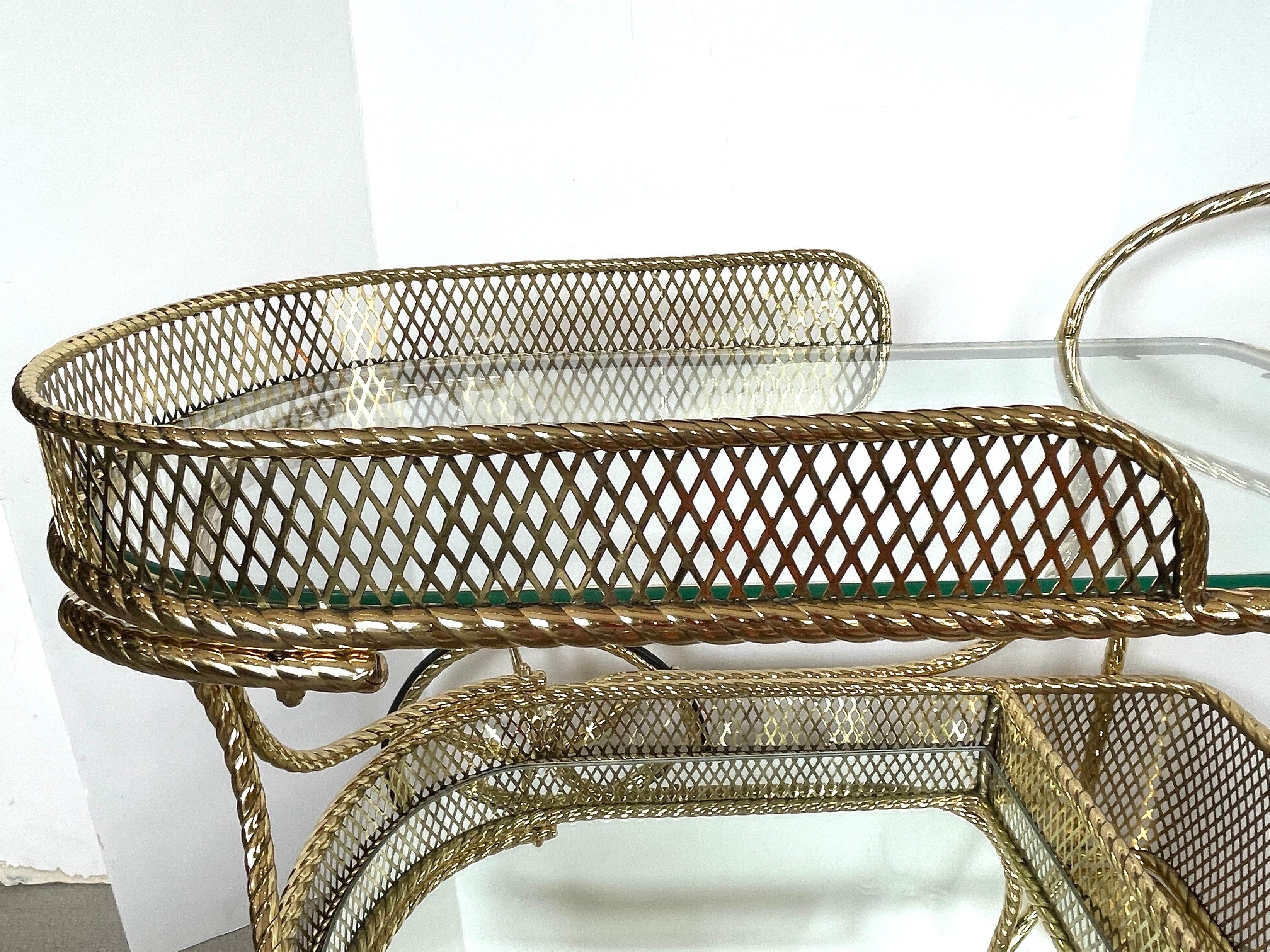 Mid Century Bar Cart  Polished  Solid Brass Rope Design 2 Tier,  Italy  1960s 4