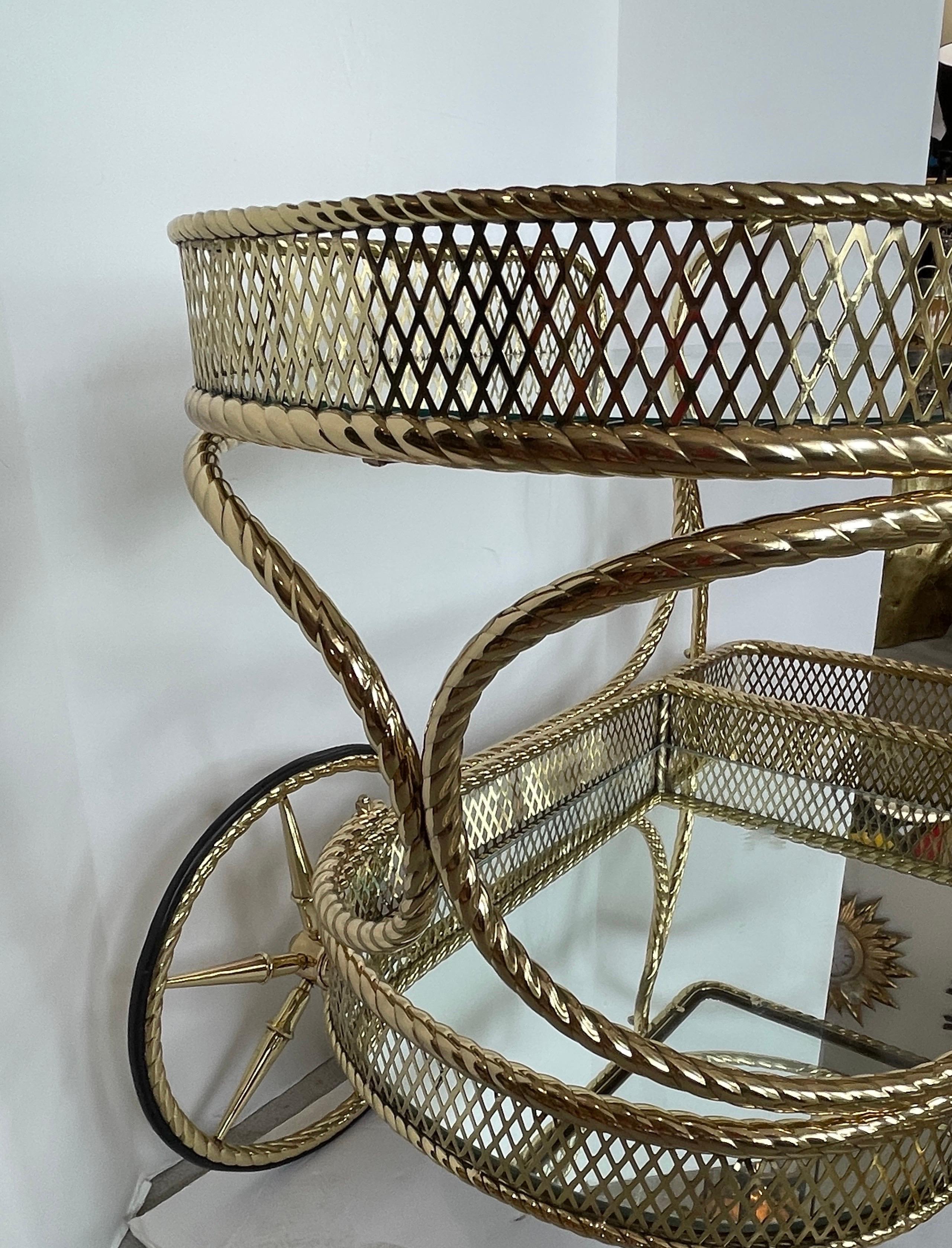 Mid Century Bar Cart  Polished  Solid Brass Rope Design 2 Tier,  Italy  1960s 5