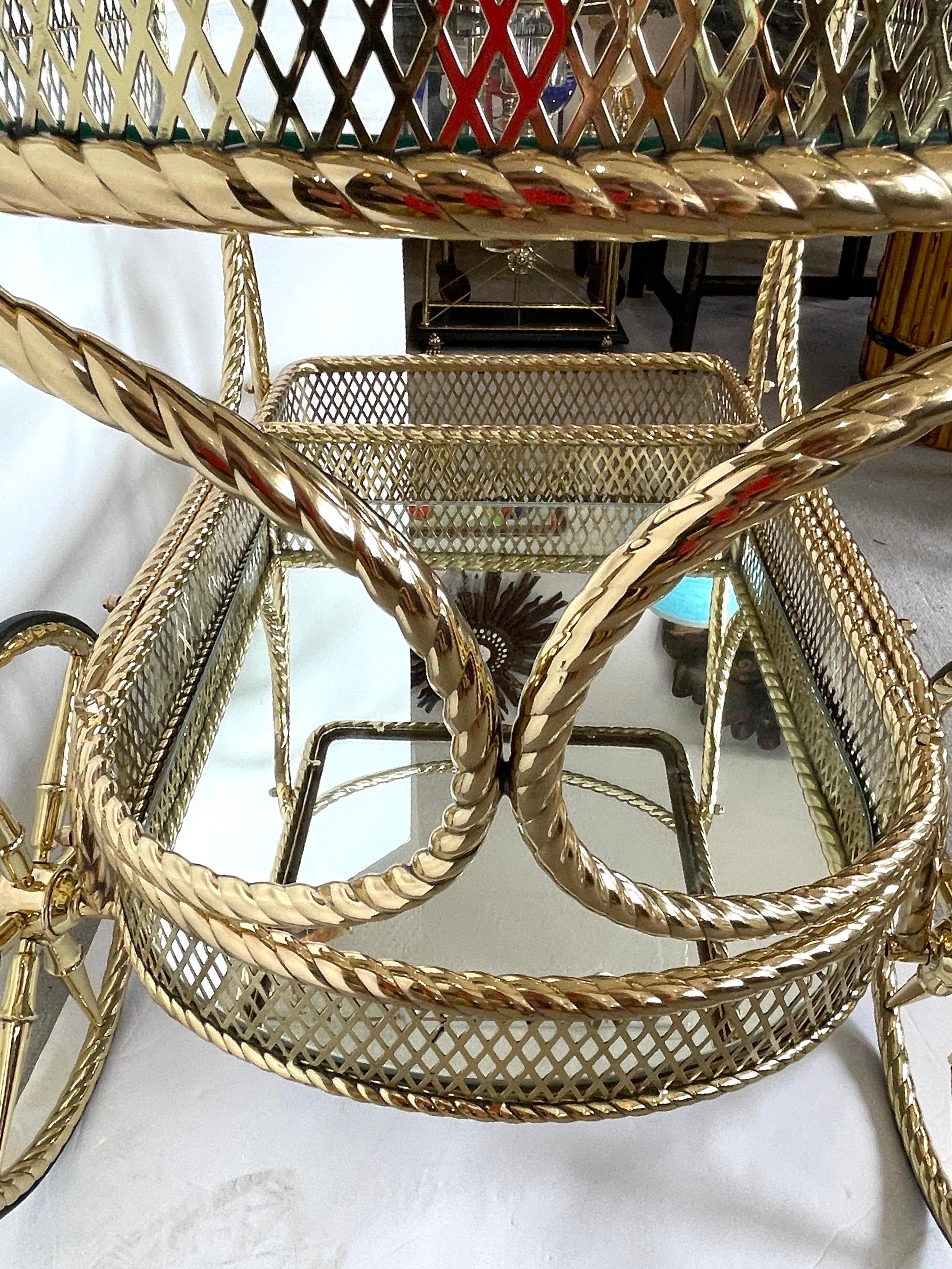 Mid Century Bar Cart  Polished  Solid Brass Rope Design 2 Tier,  Italy  1960s 6