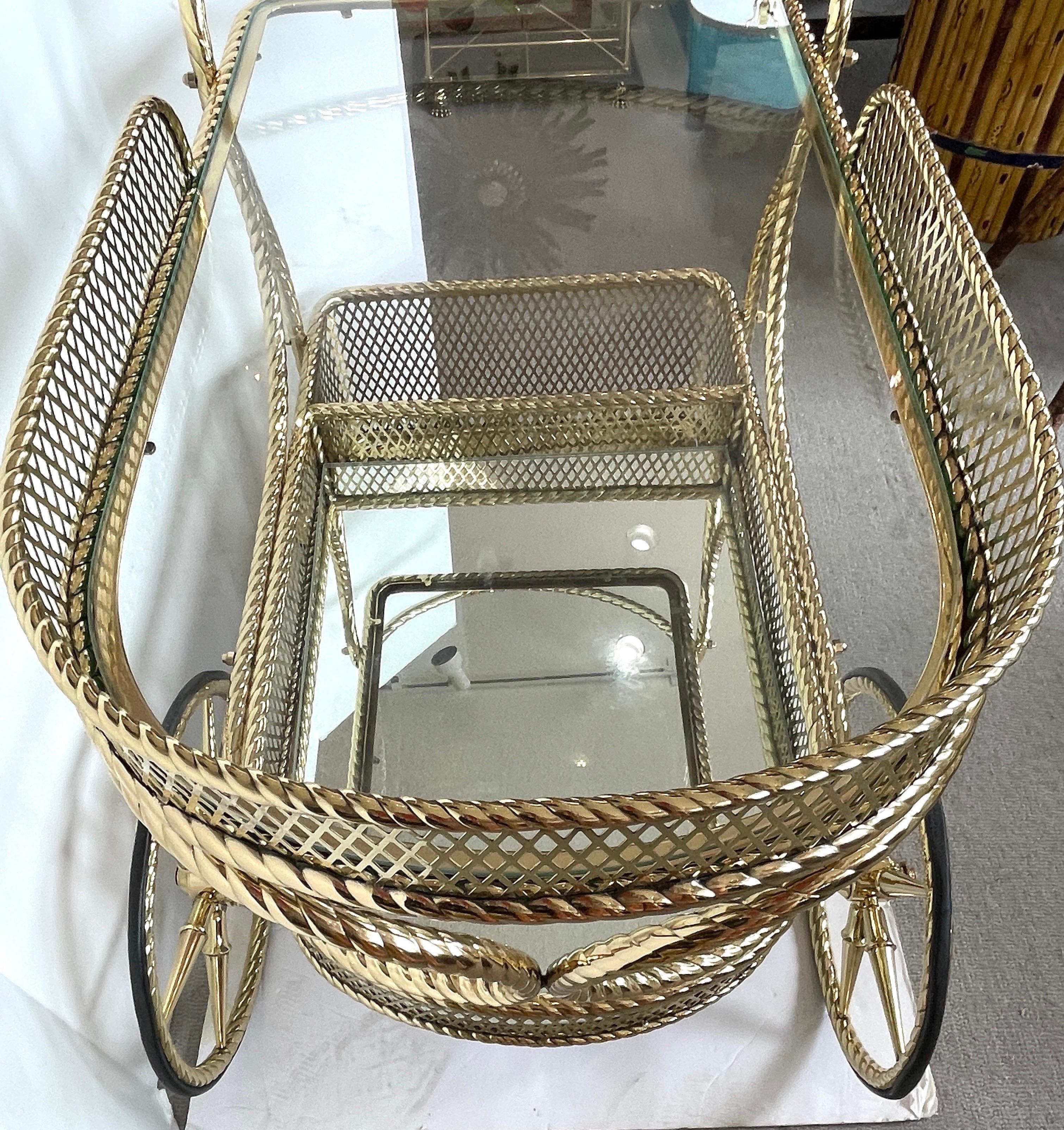 Mid Century Bar Cart  Polished  Solid Brass Rope Design 2 Tier,  Italy  1960s 7