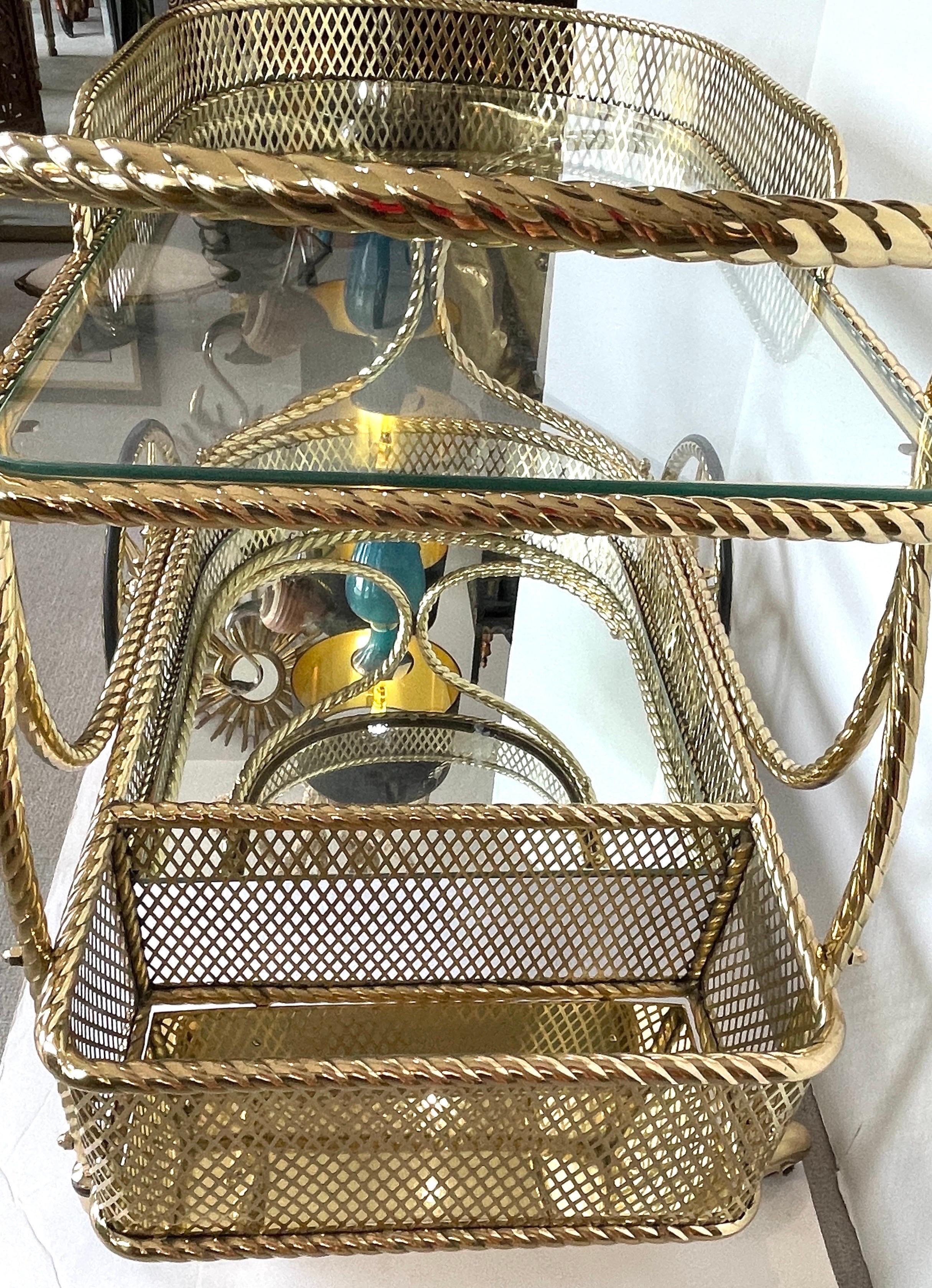 Mid Century Bar Cart  Polished  Solid Brass Rope Design 2 Tier,  Italy  1960s 10