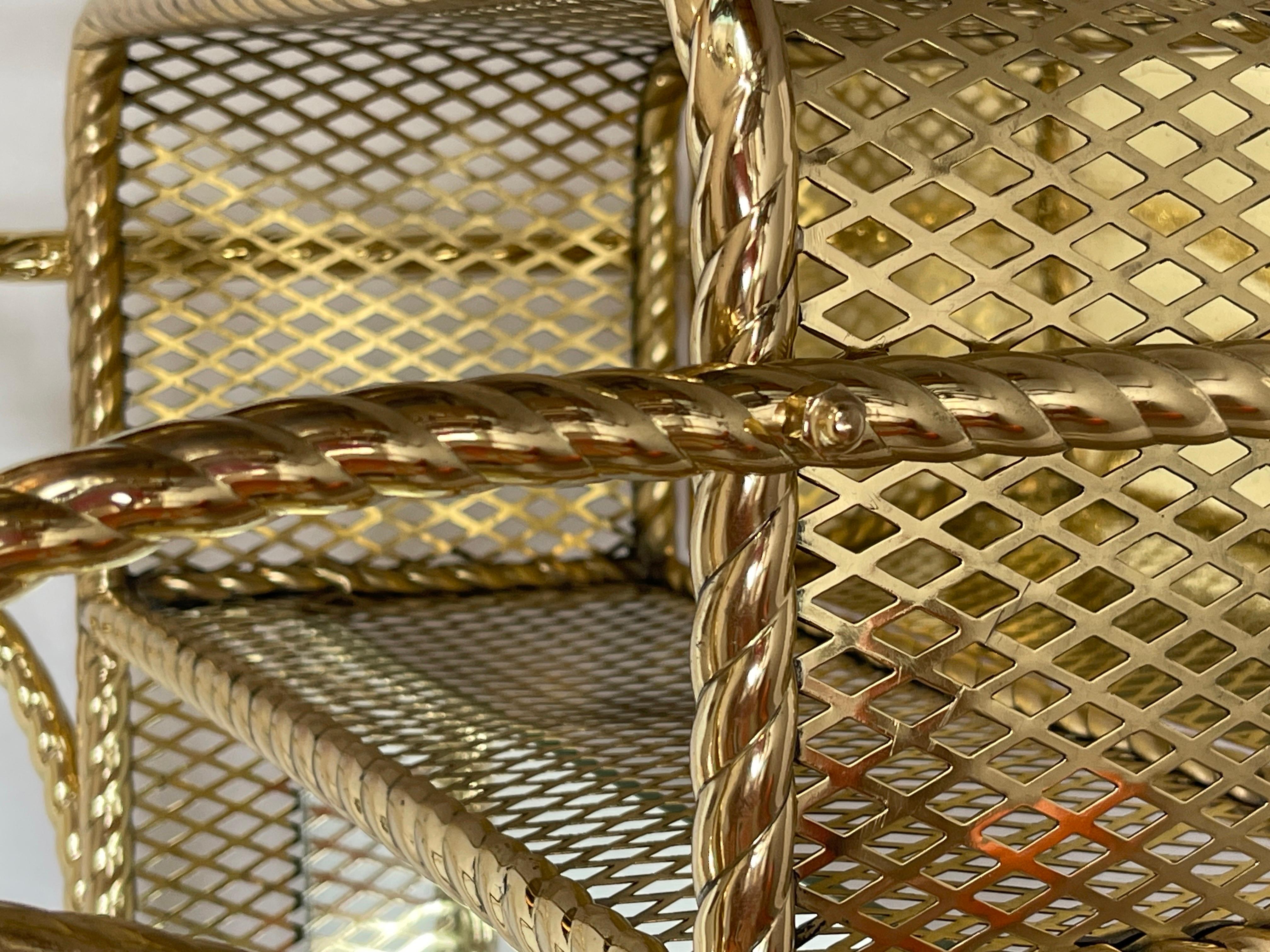 Mid Century Bar Cart  Polished  Solid Brass Rope Design 2 Tier,  Italy  1960s 11