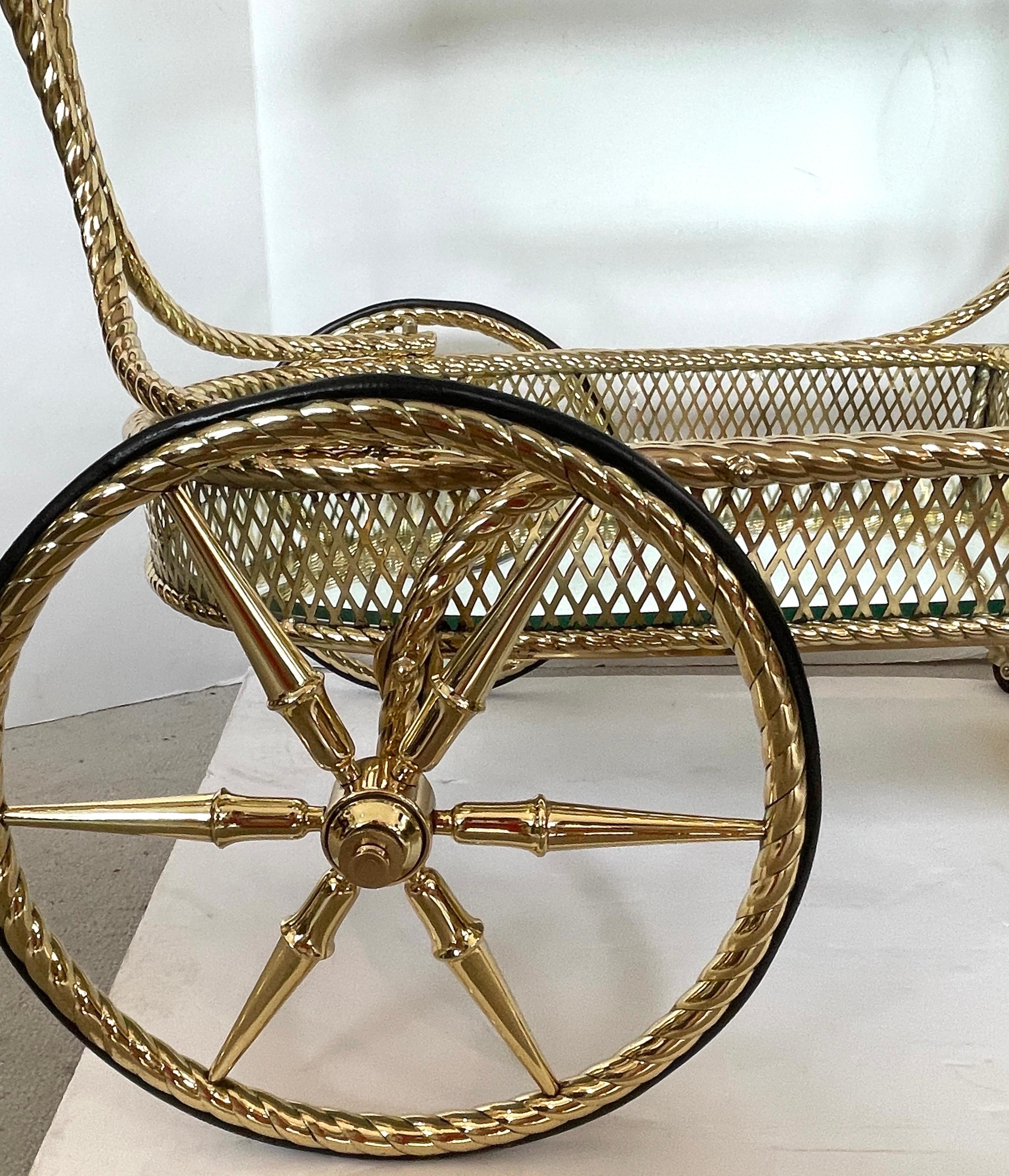 Hollywood Regency Mid Century Bar Cart  Polished  Solid Brass Rope Design 2 Tier,  Italy  1960s
