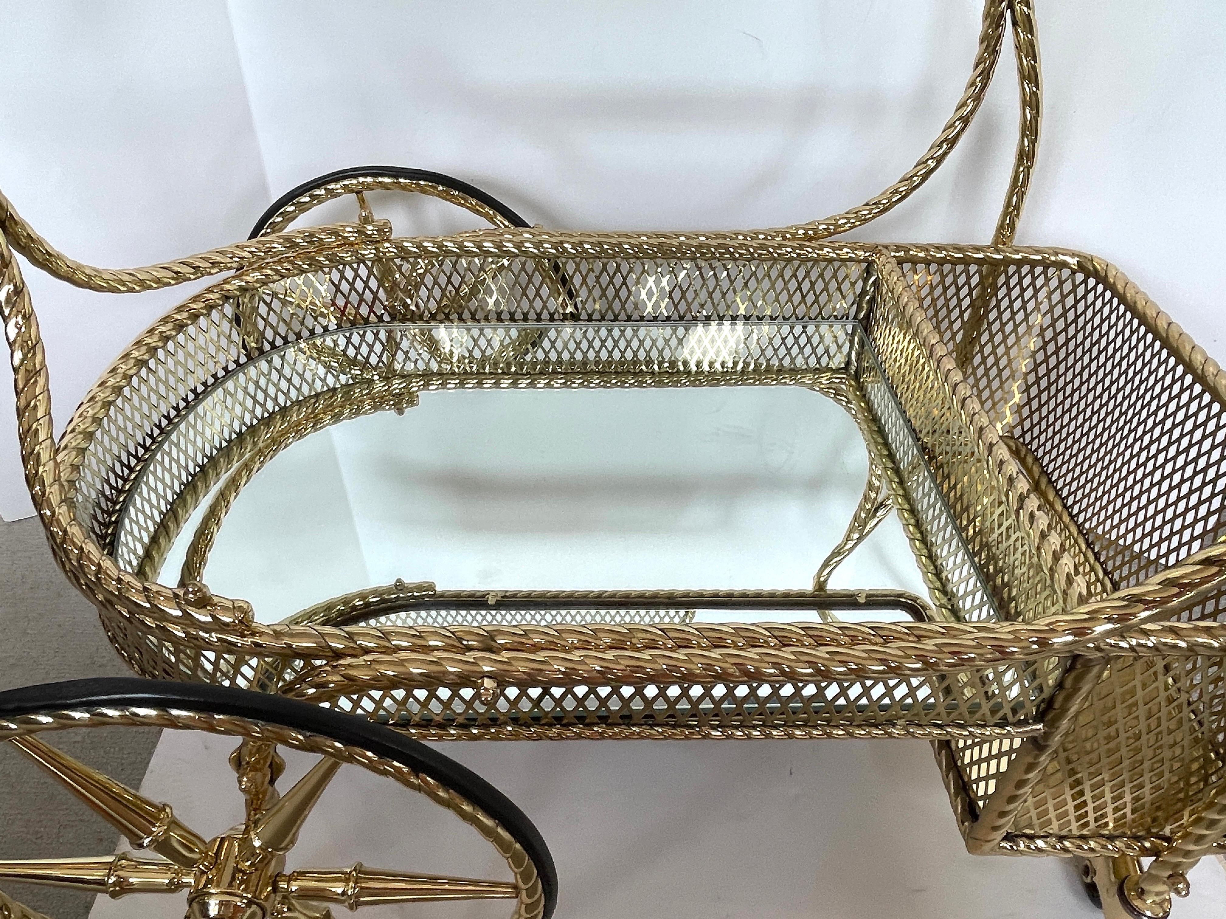Italian Mid Century Bar Cart  Polished  Solid Brass Rope Design 2 Tier,  Italy  1960s