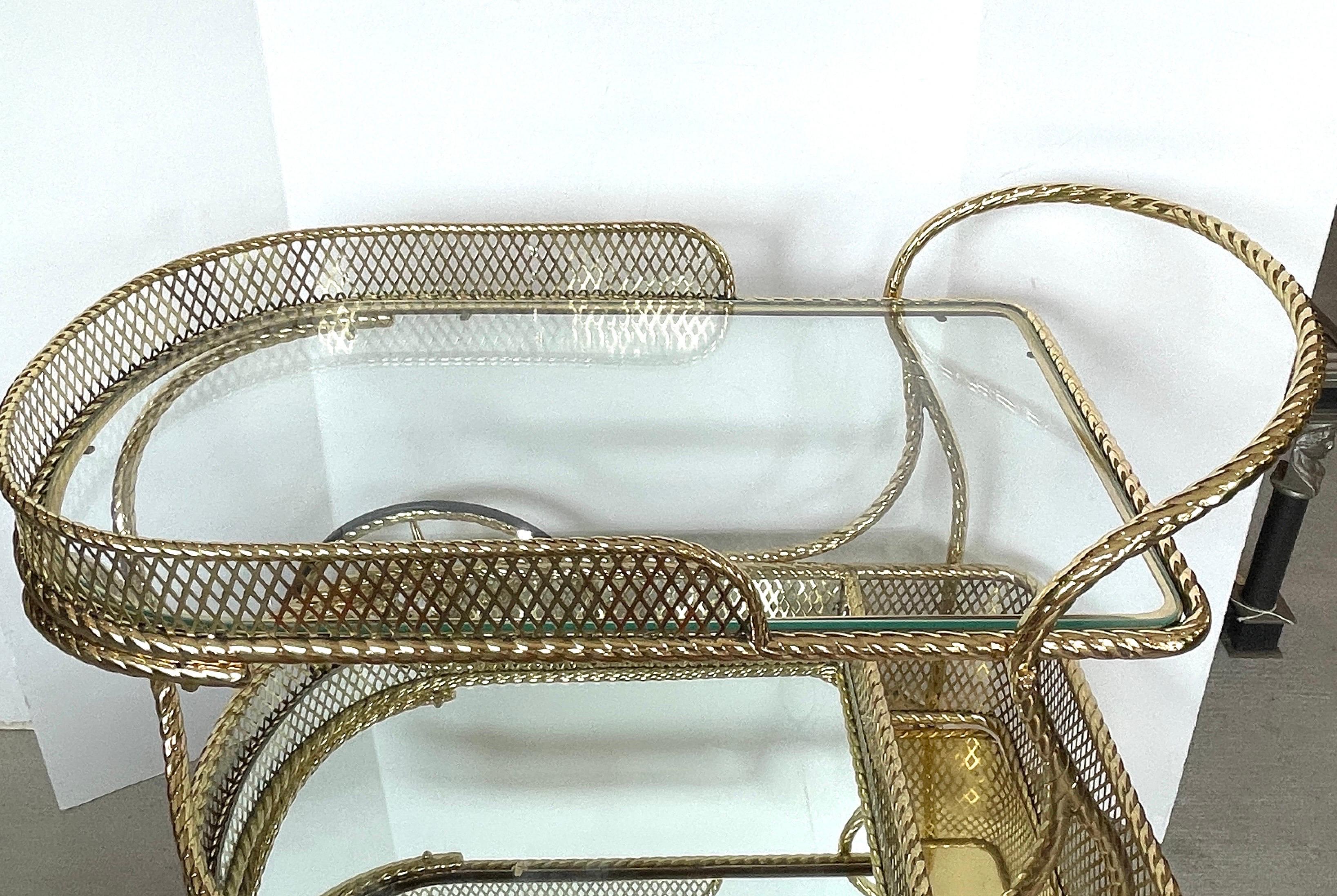 Mid Century Bar Cart  Polished  Solid Brass Rope Design 2 Tier,  Italy  1960s In Good Condition In West Palm Beach, FL