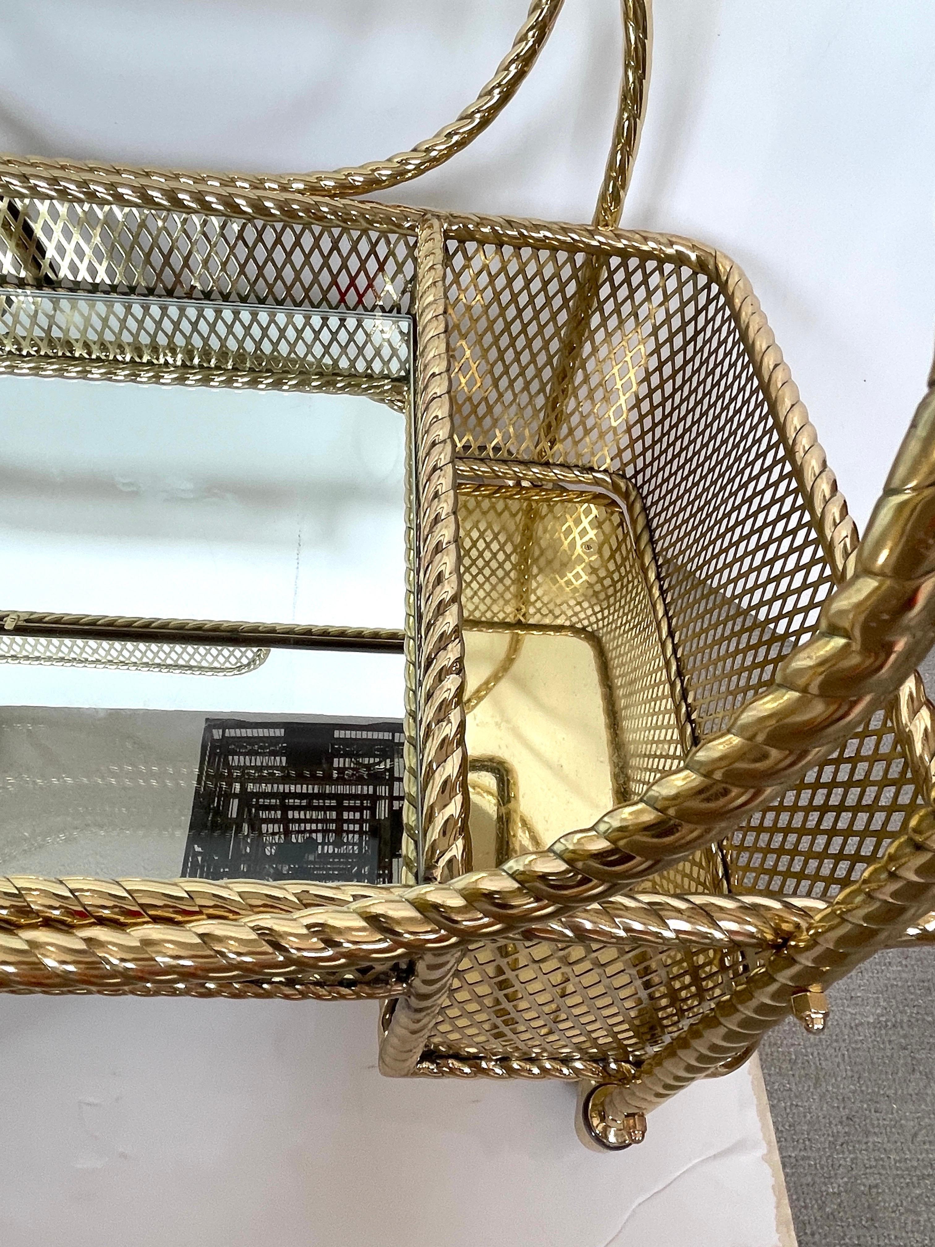 Mid Century Bar Cart  Polished  Solid Brass Rope Design 2 Tier,  Italy  1960s 1