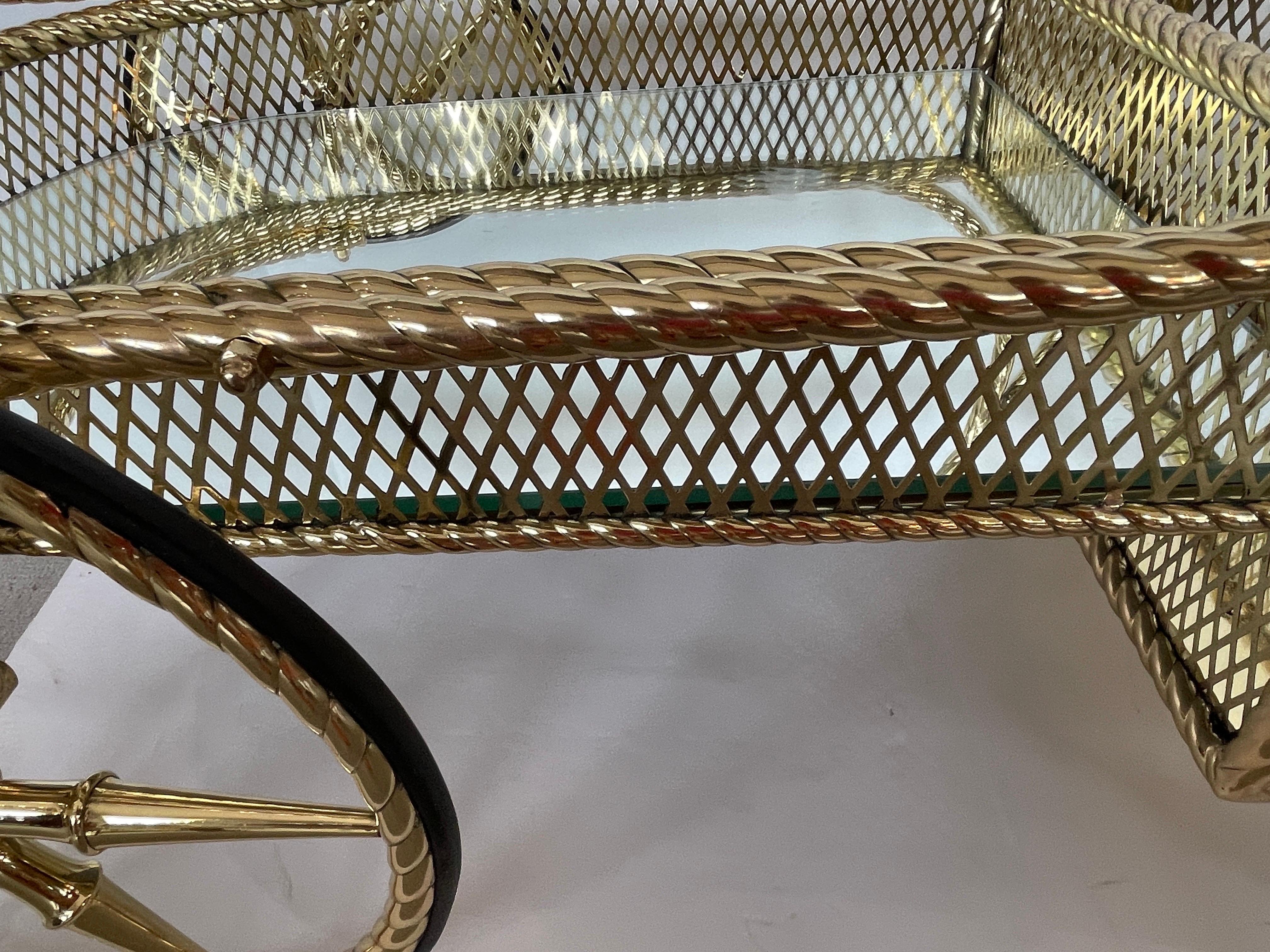 Mid Century Bar Cart  Polished  Solid Brass Rope Design 2 Tier,  Italy  1960s 2