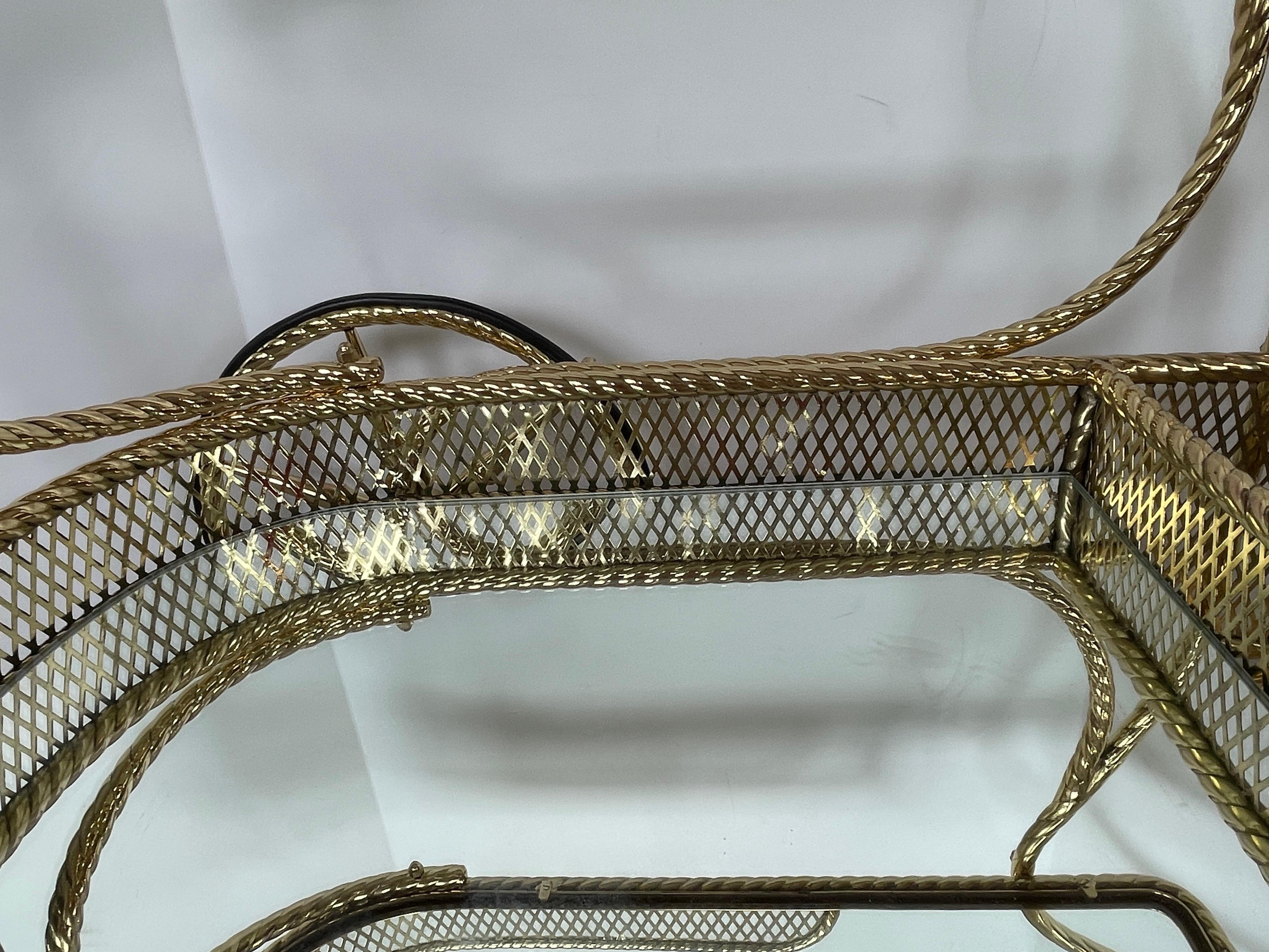 Mid Century Bar Cart  Polished  Solid Brass Rope Design 2 Tier,  Italy  1960s 3