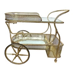 Mid Century Bar Cart  Polished  Solid Brass Rope Design 2 Tier,  Italy  1960s