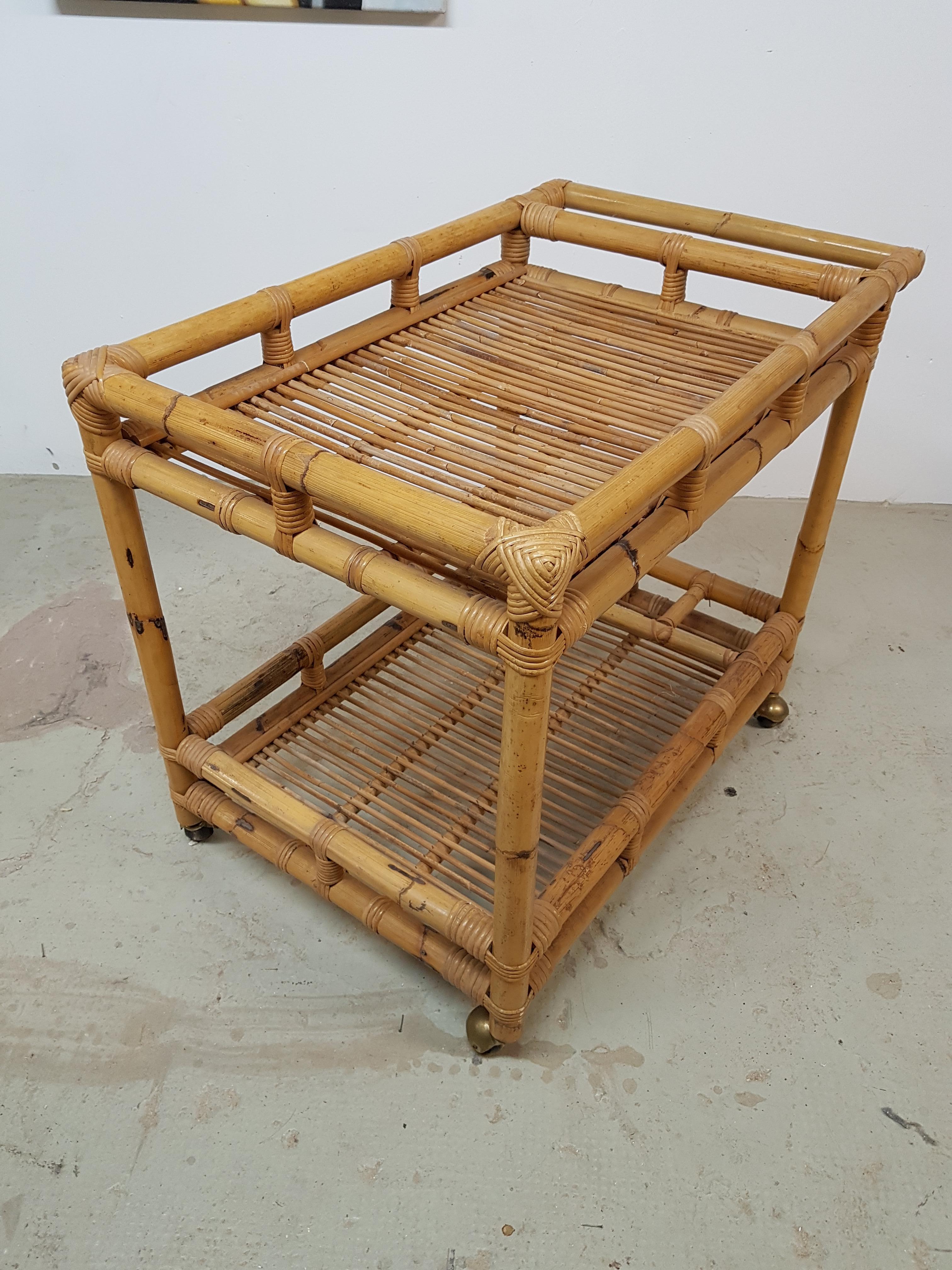 French Midcentury Bar Cart Rattan Bamboo, France, 1960