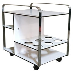 Mid Century Bar Cart Serving Table Chromed Metal White Enameled Wood Italy 1970s