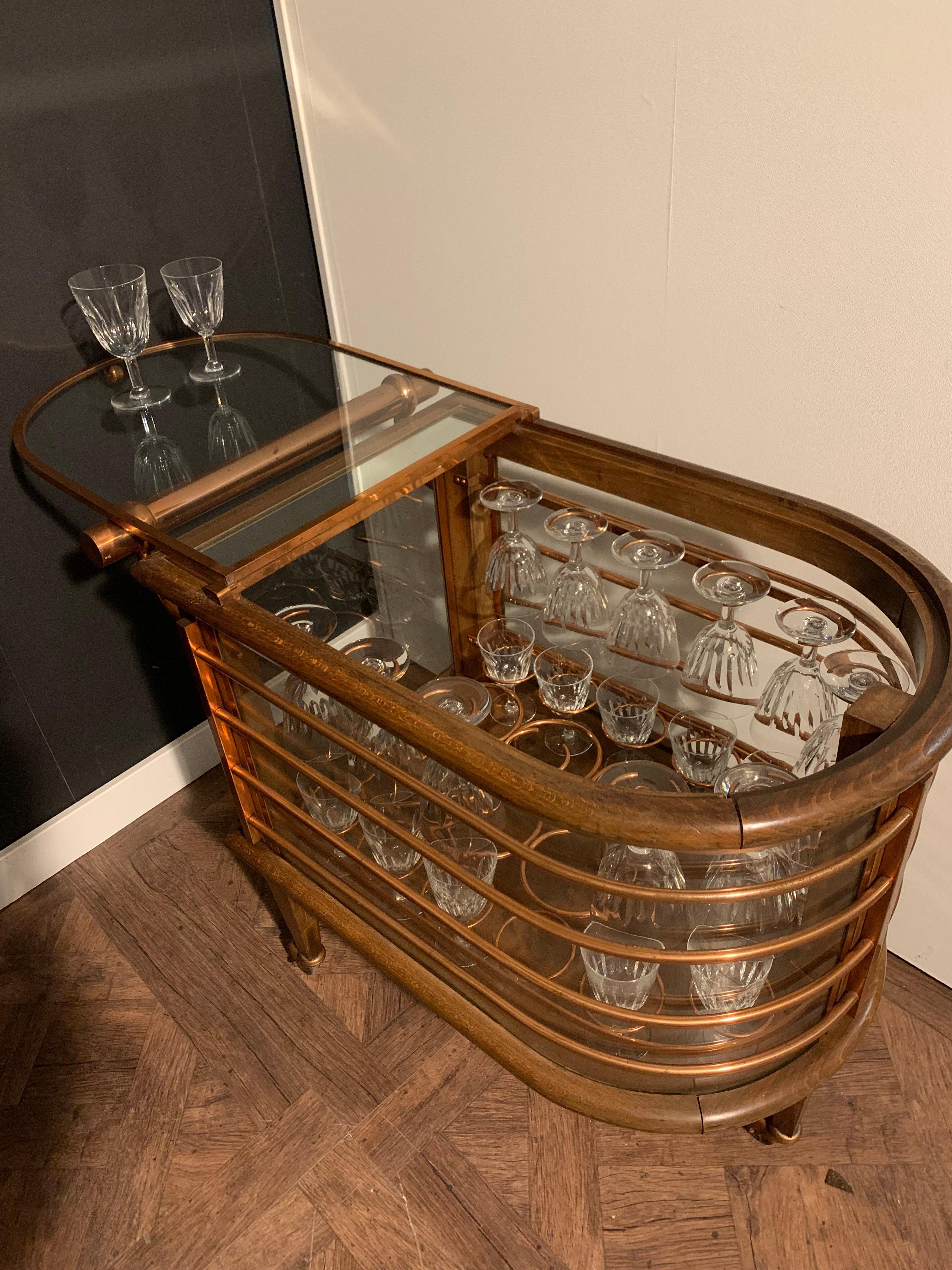 Mid-Century Bar Cart / Trolley, Louis Sognot, France, Baccarat Crystal Glasses 5