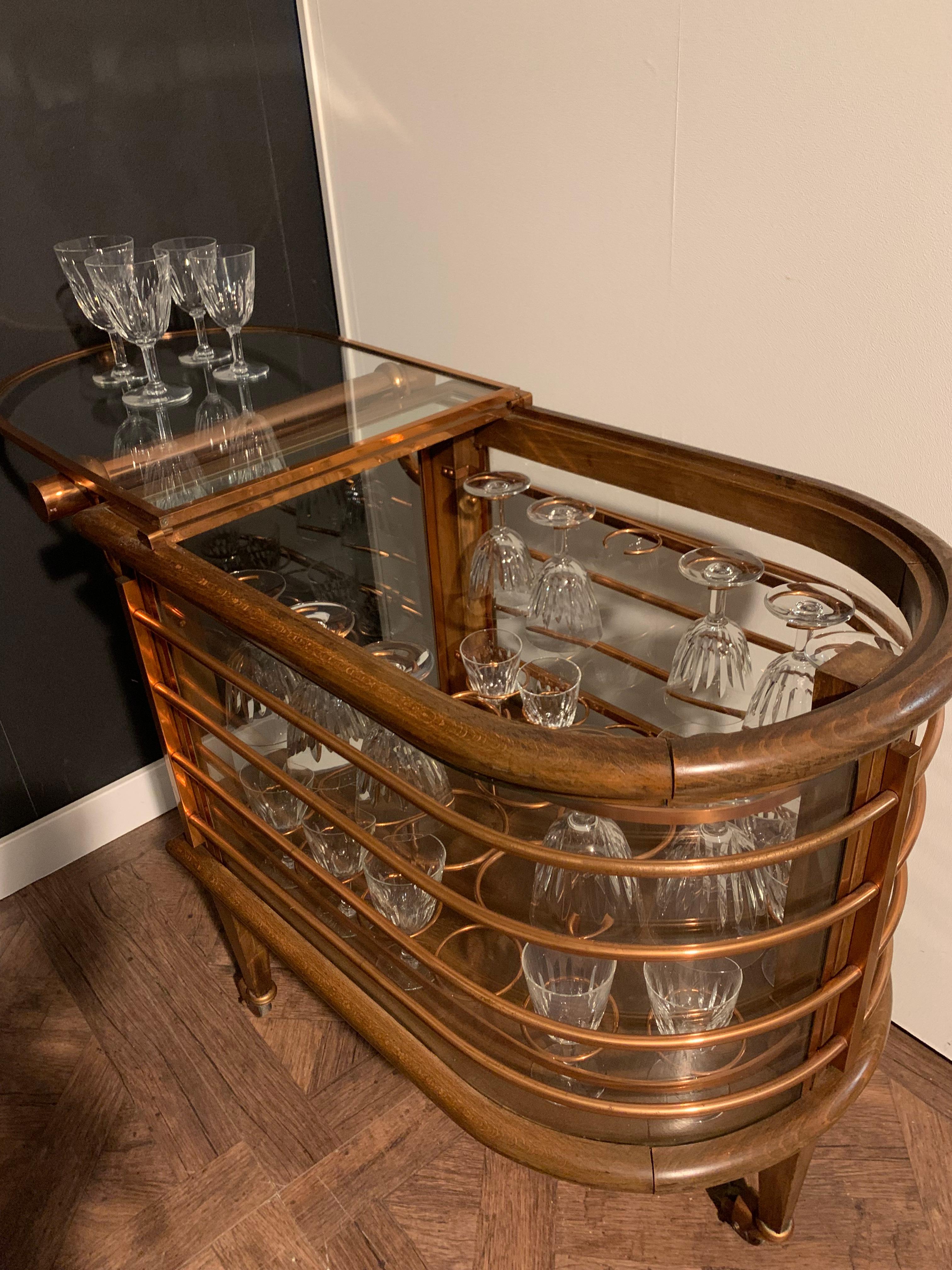 Mid-Century Bar Cart / Trolley, Louis Sognot, France, Baccarat Crystal Glasses 7