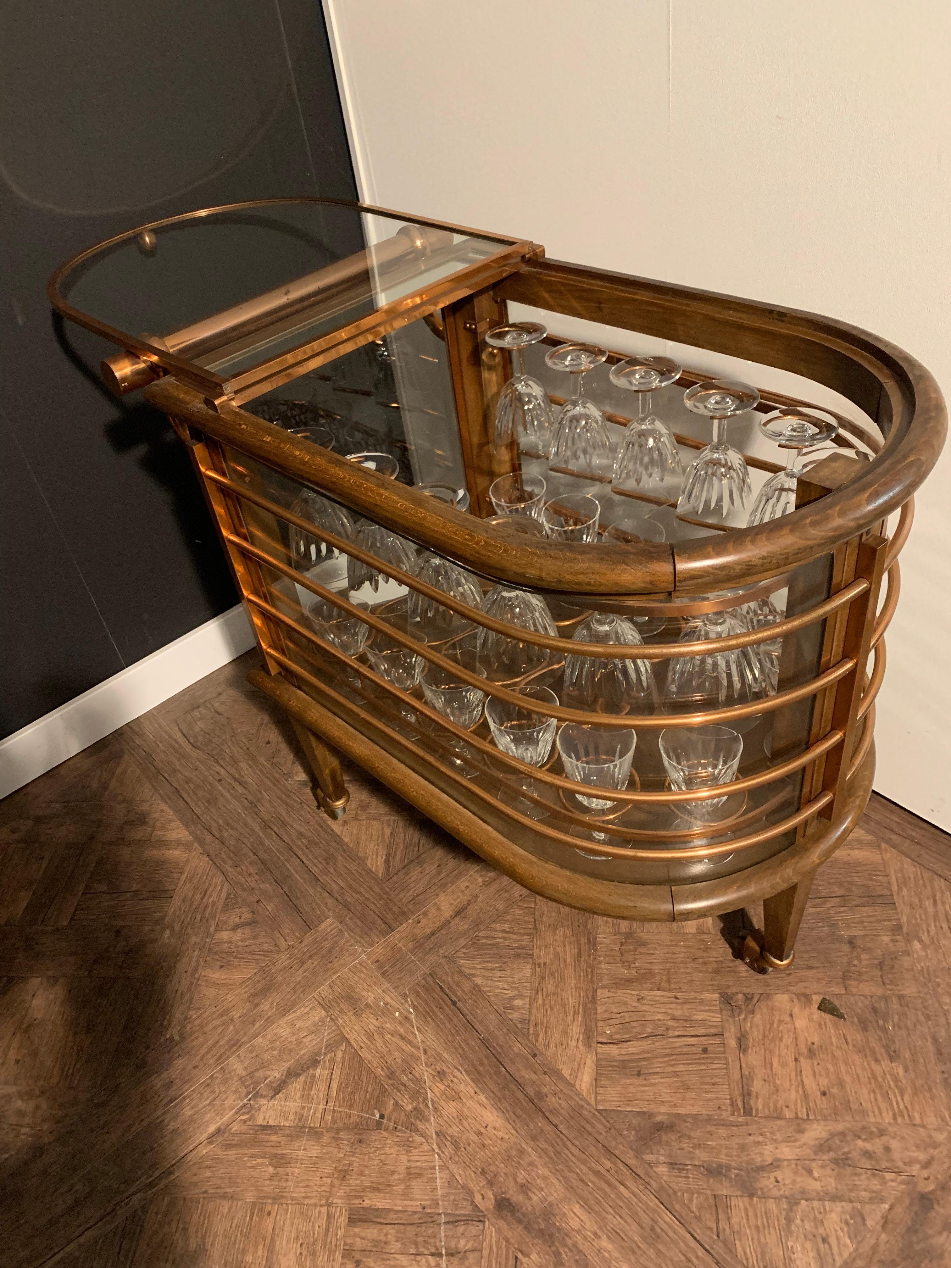 Mid-Century Bar Cart / Trolley, Louis Sognot, France, Baccarat Crystal Glasses 10