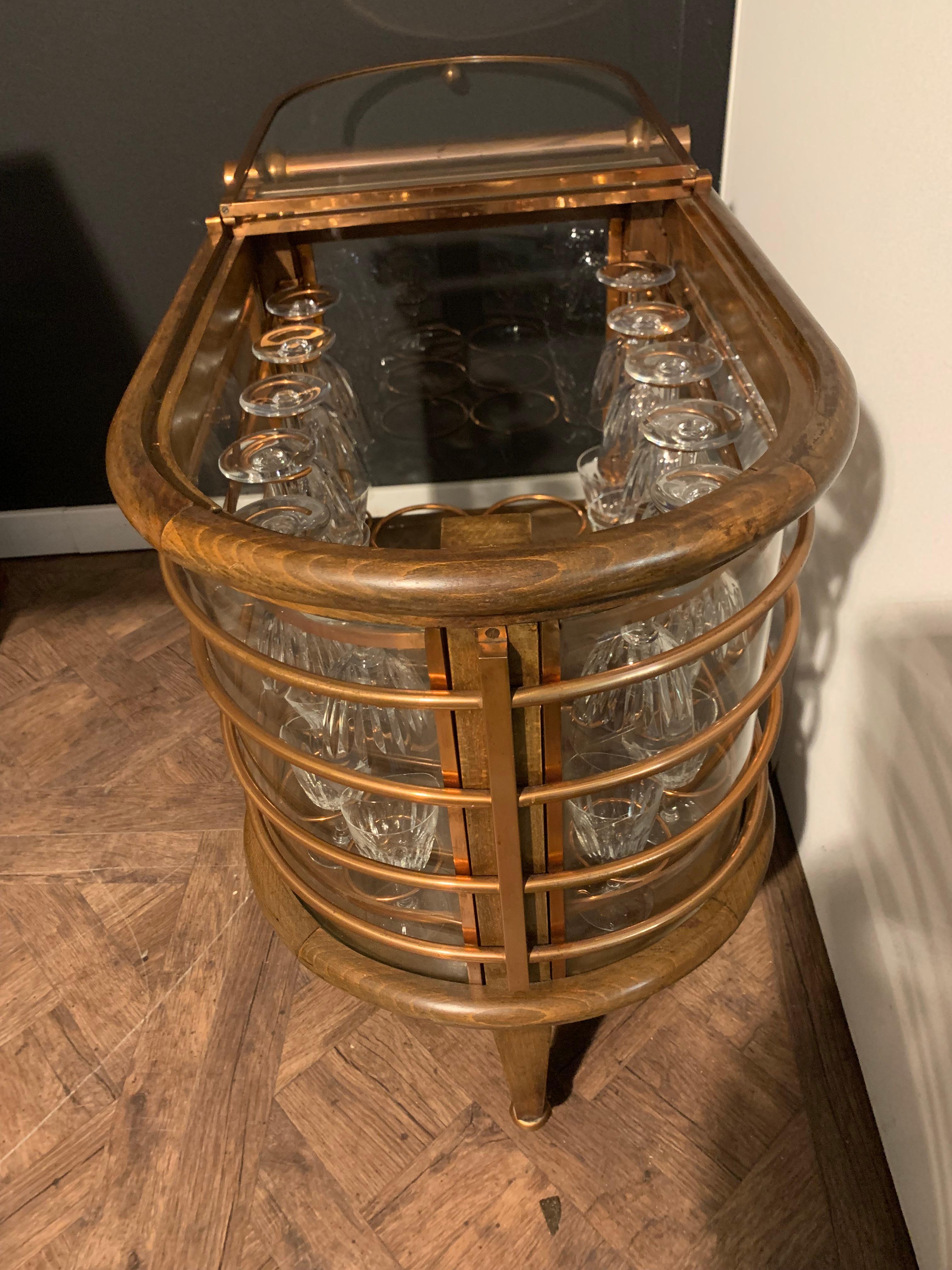 Mid-Century Bar Cart / Trolley, Louis Sognot, France, Baccarat Crystal Glasses 12