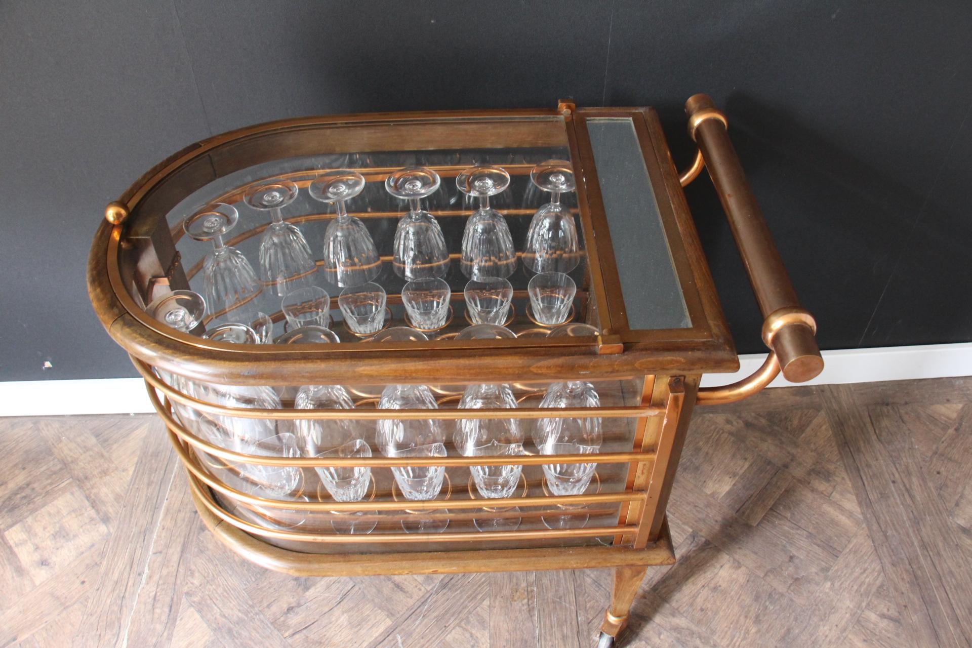Mid-Century Modern Mid-Century Bar Cart / Trolley, Louis Sognot, France, Baccarat Crystal Glasses