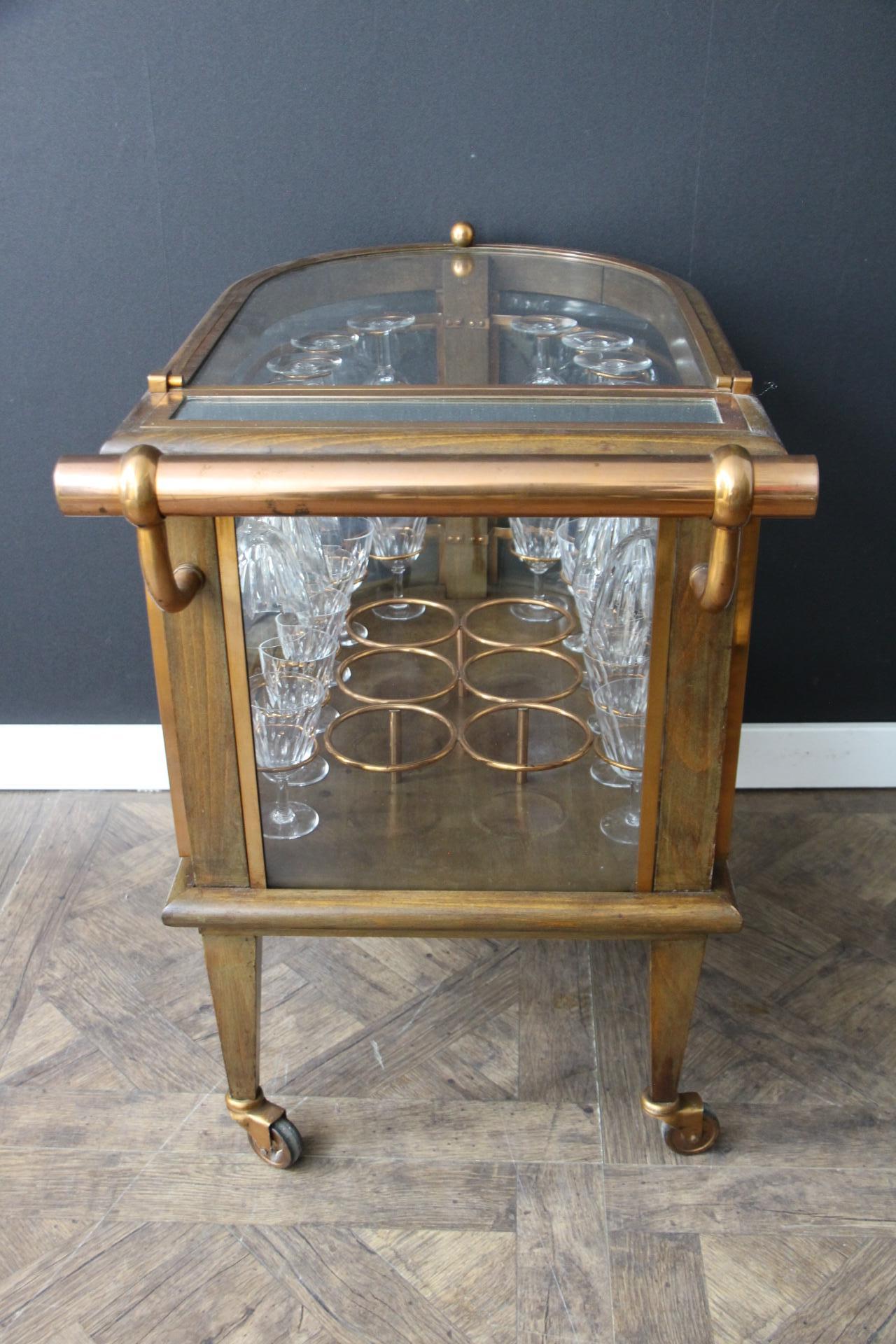 French Mid-Century Bar Cart / Trolley, Louis Sognot, France, Baccarat Crystal Glasses