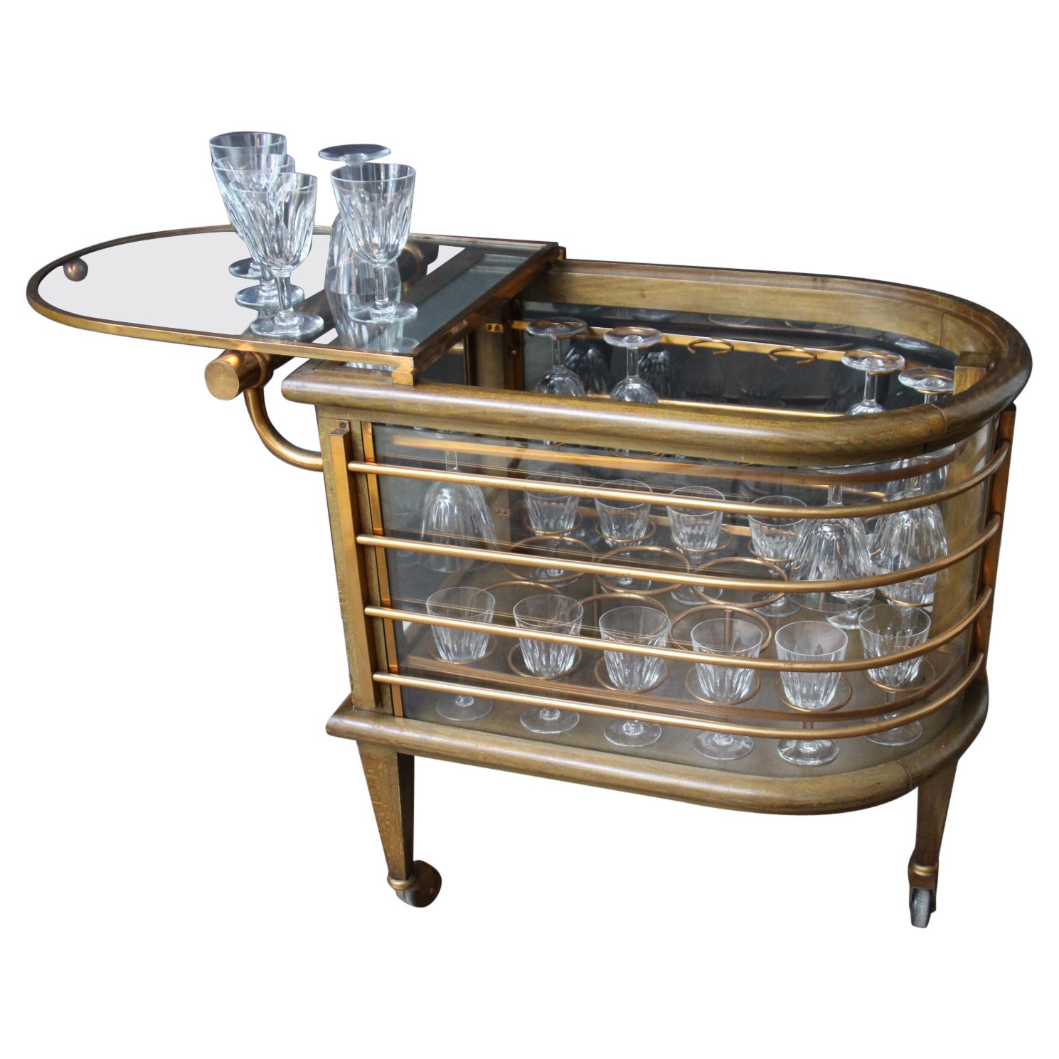 Mid-Century Bar Cart / Trolley, Louis Sognot, France, Baccarat Crystal Glasses