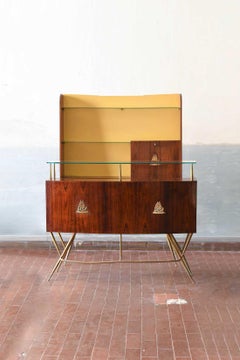 Mid-Century Bar Counter in wood, brass and glass. Italian artisan production.