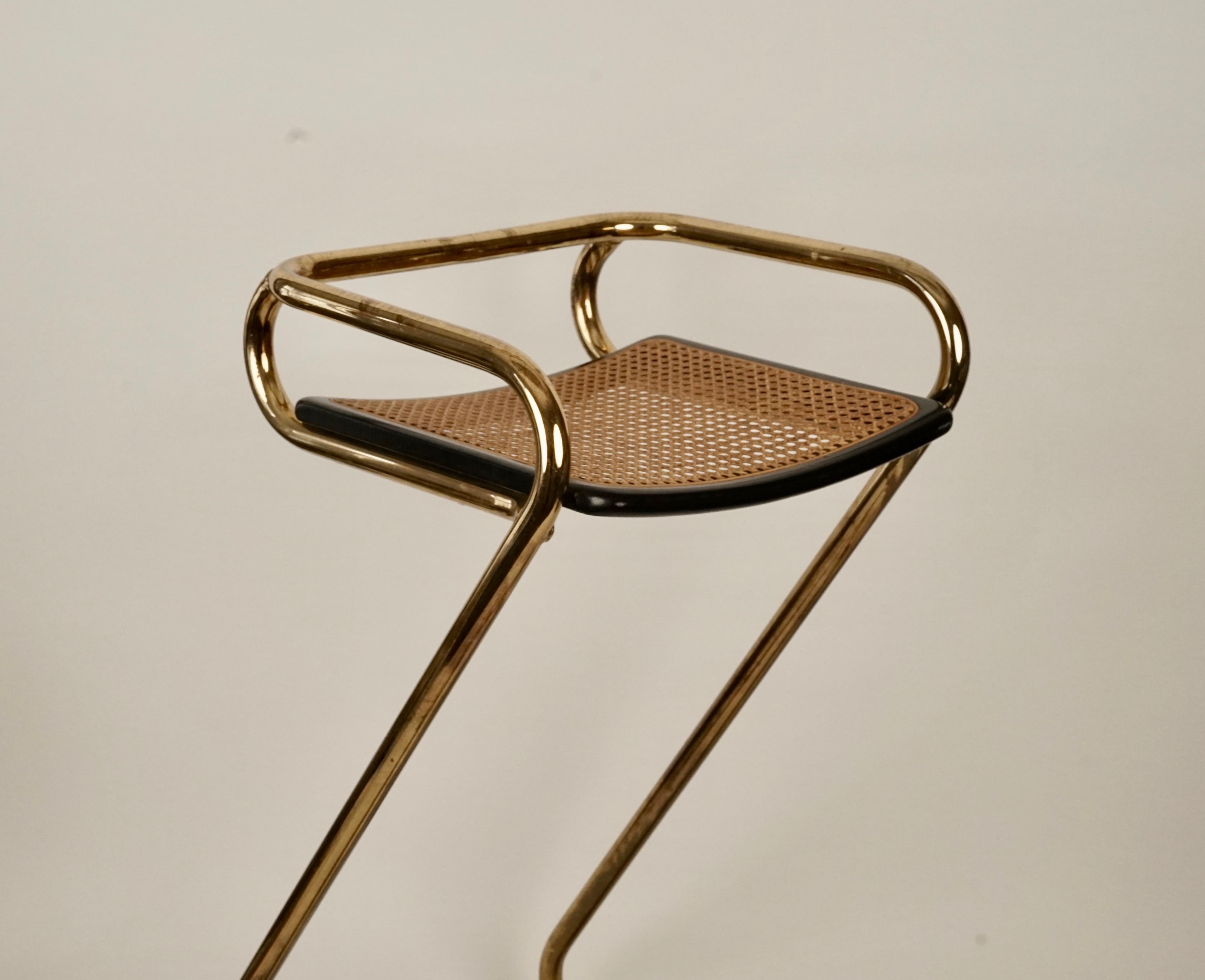 Metal Mid Century Bar Stool with Cain Seat, Made in Italy For Sale