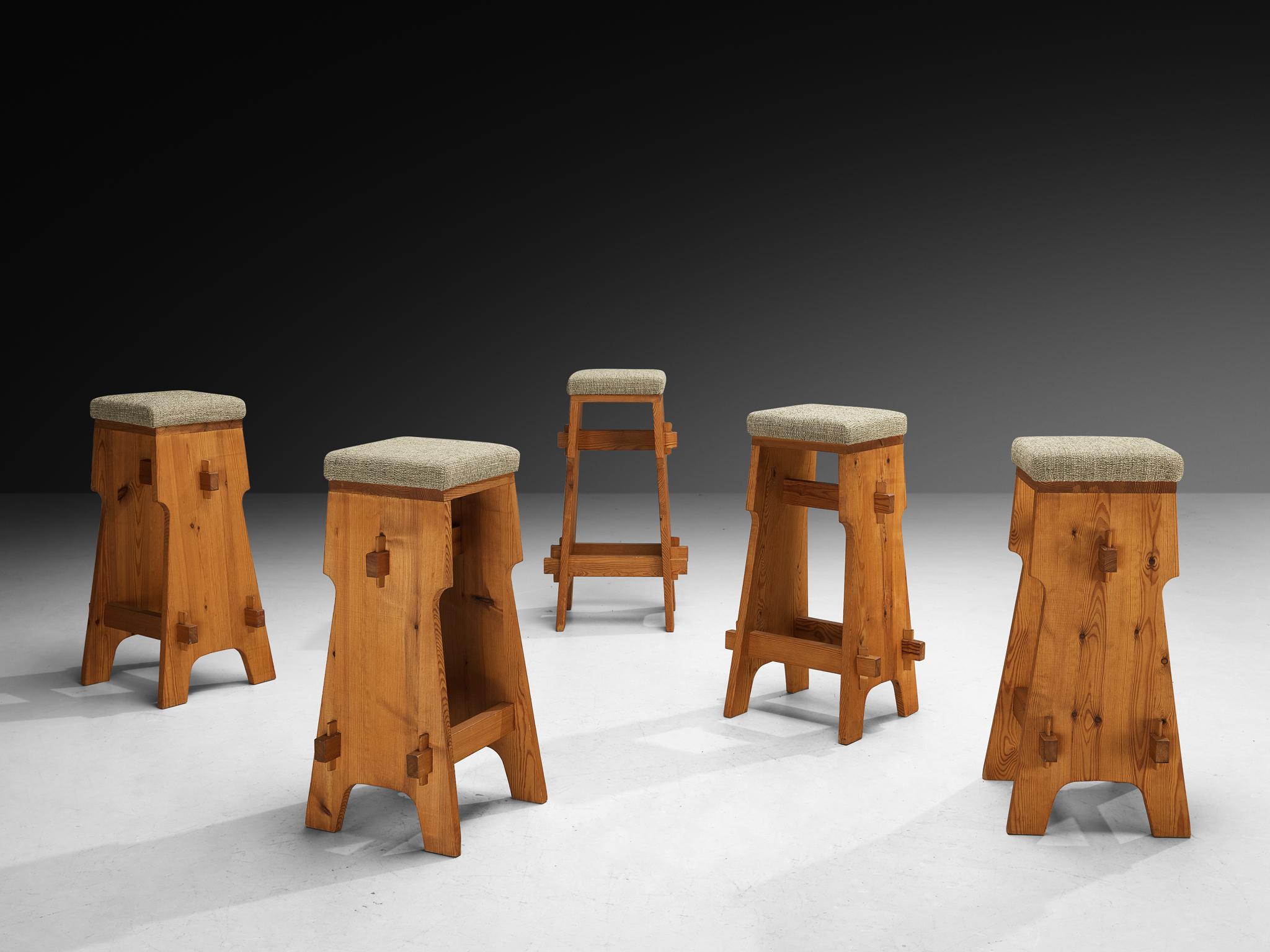 Mid-century Bar Stools in Pine and Soft Green Fabric For Sale at 1stDibs