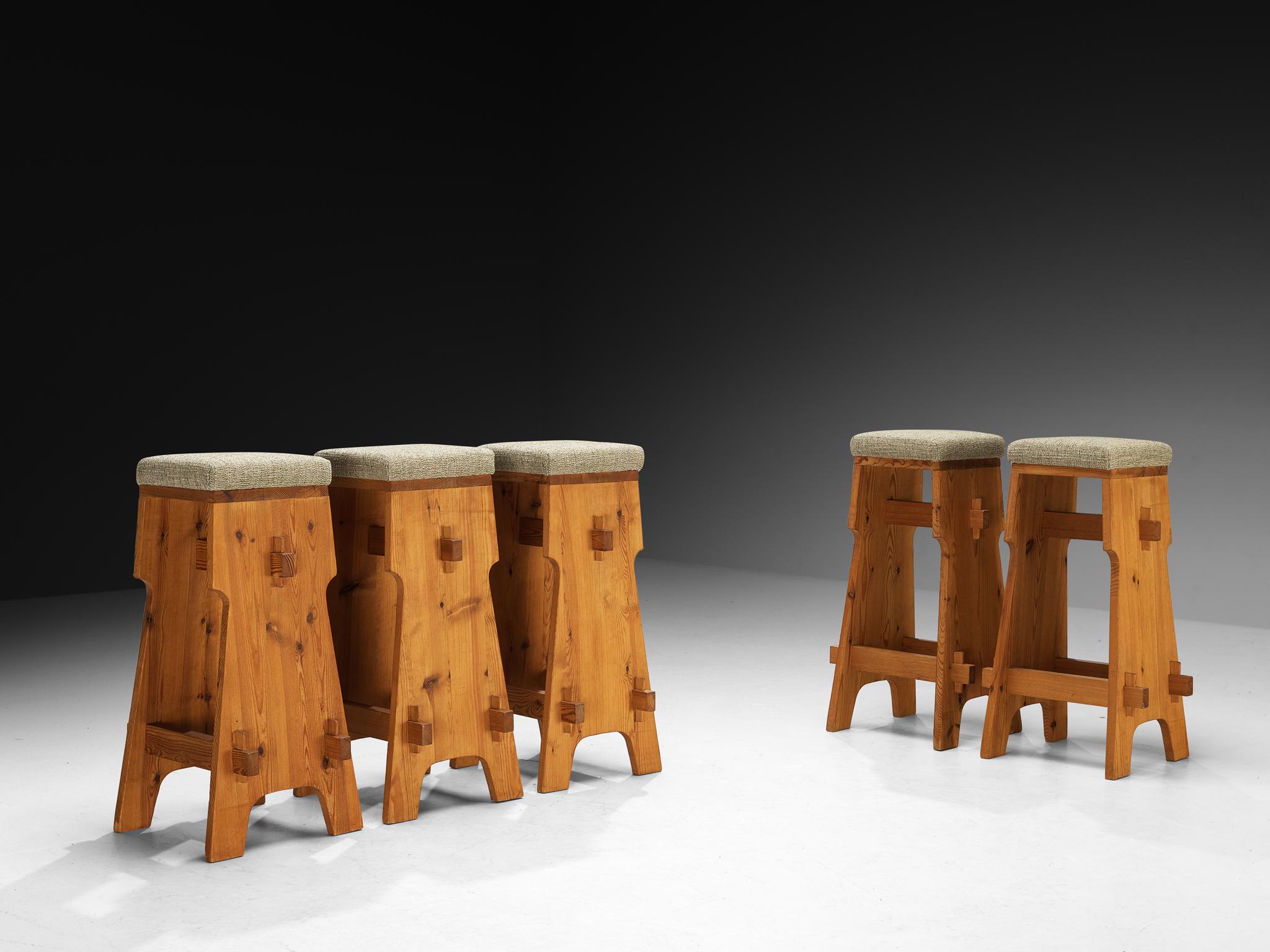 Mid-century Bar Stools in Pine and Soft Green Fabric For Sale at 1stDibs