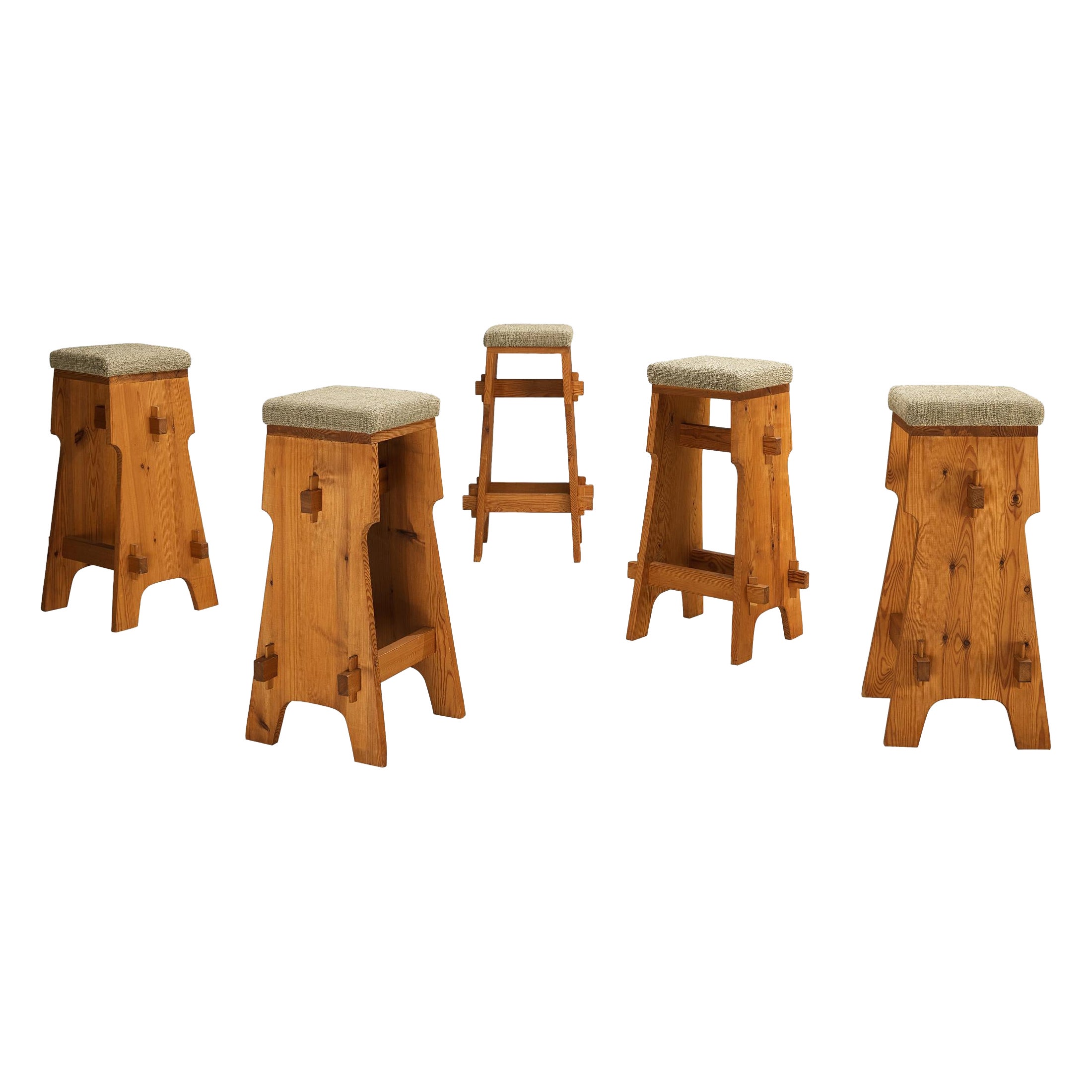 Mid-century Bar Stools in Pine and Soft Green Fabric