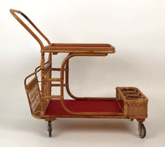Midcentury Bar Wagon in Wicker with Red Shelves