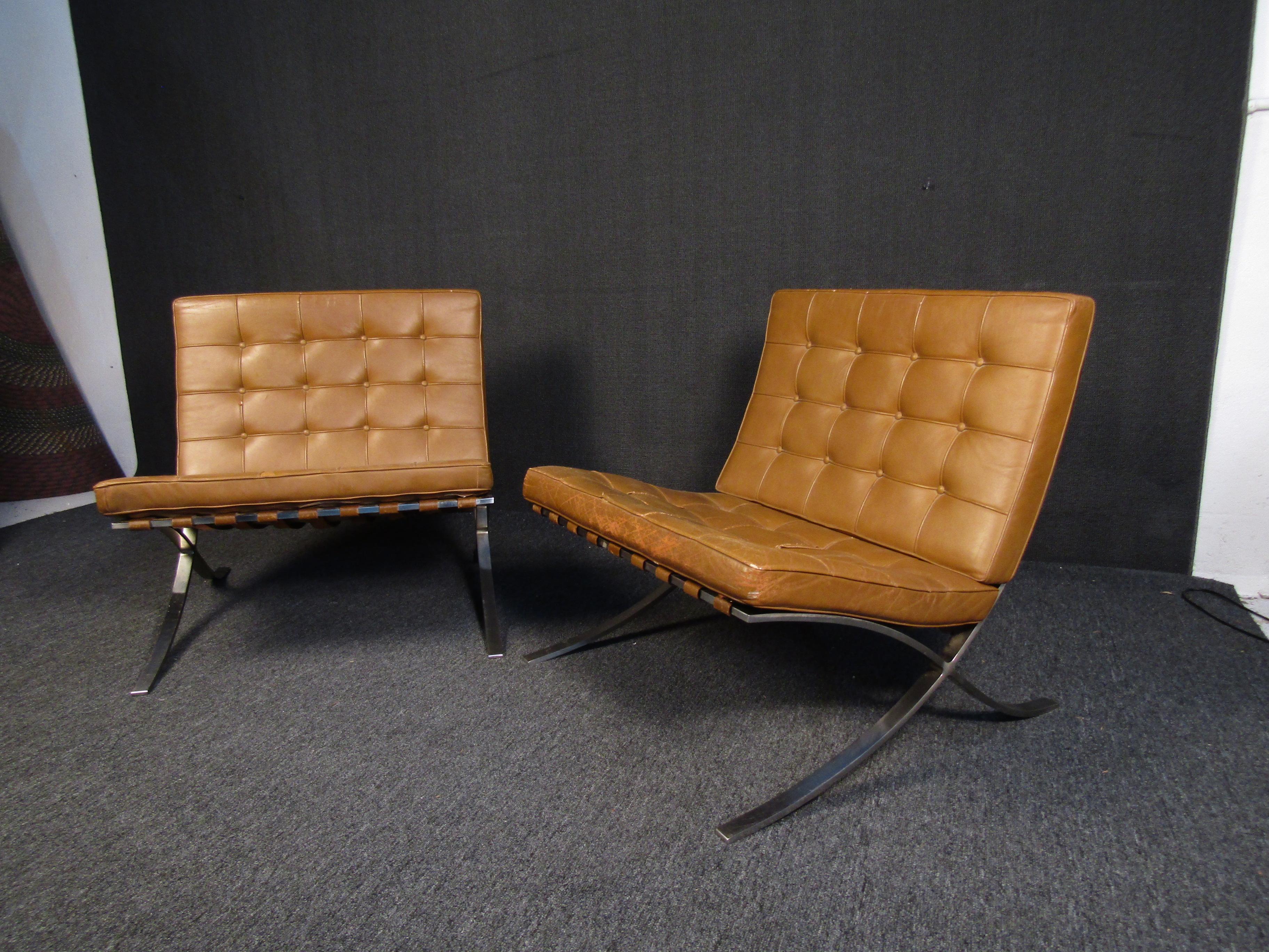 Leather Mid-Century Barcelona Lounge Chairs