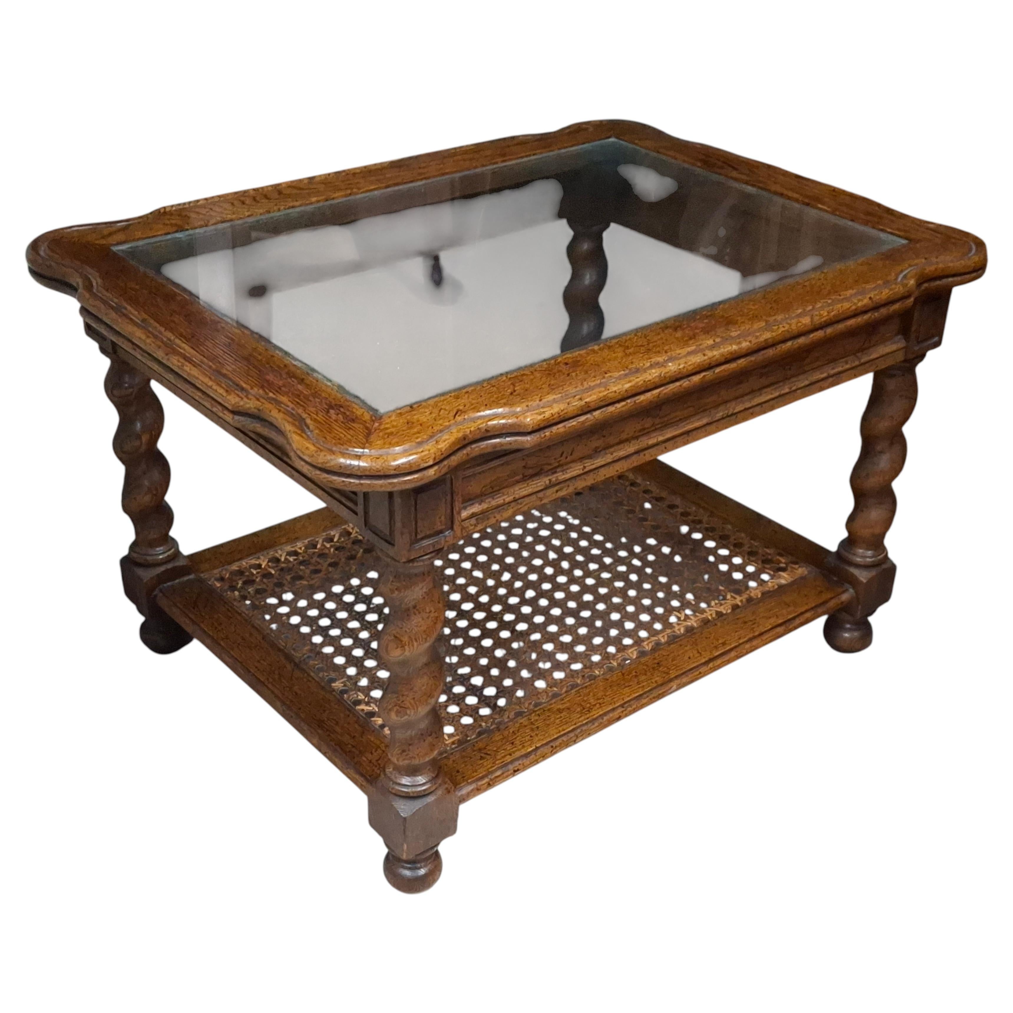 Mid-Century Barley Twist Oak and Cane Tiered Glass Top Side Table For Sale