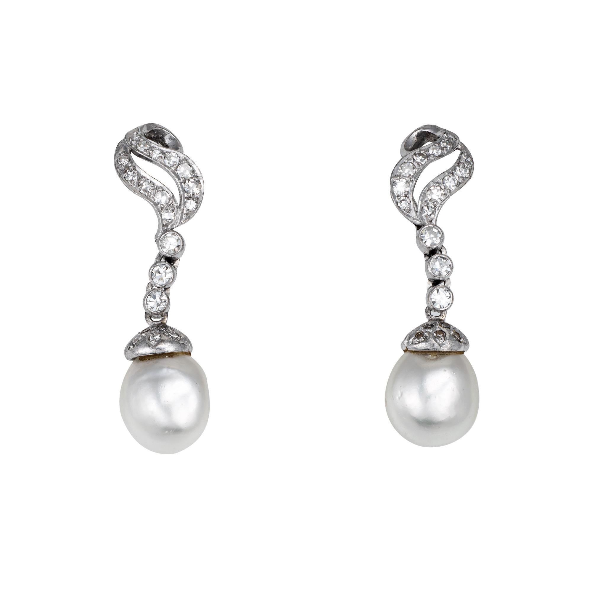Round Cut Mid Century Baroque Pearl Diamond Earrings 14k White Gold 1.5
